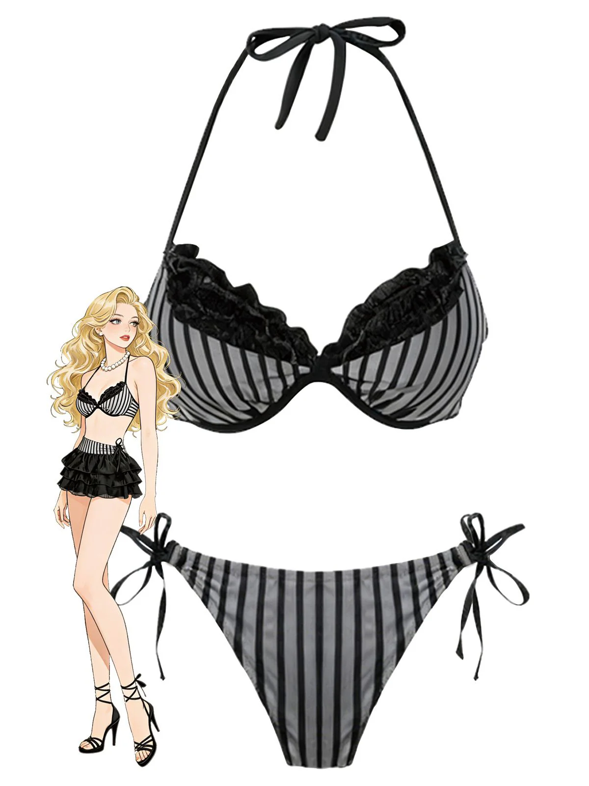Grey 1960s Striped Mesh Halter Bow Bikini Set