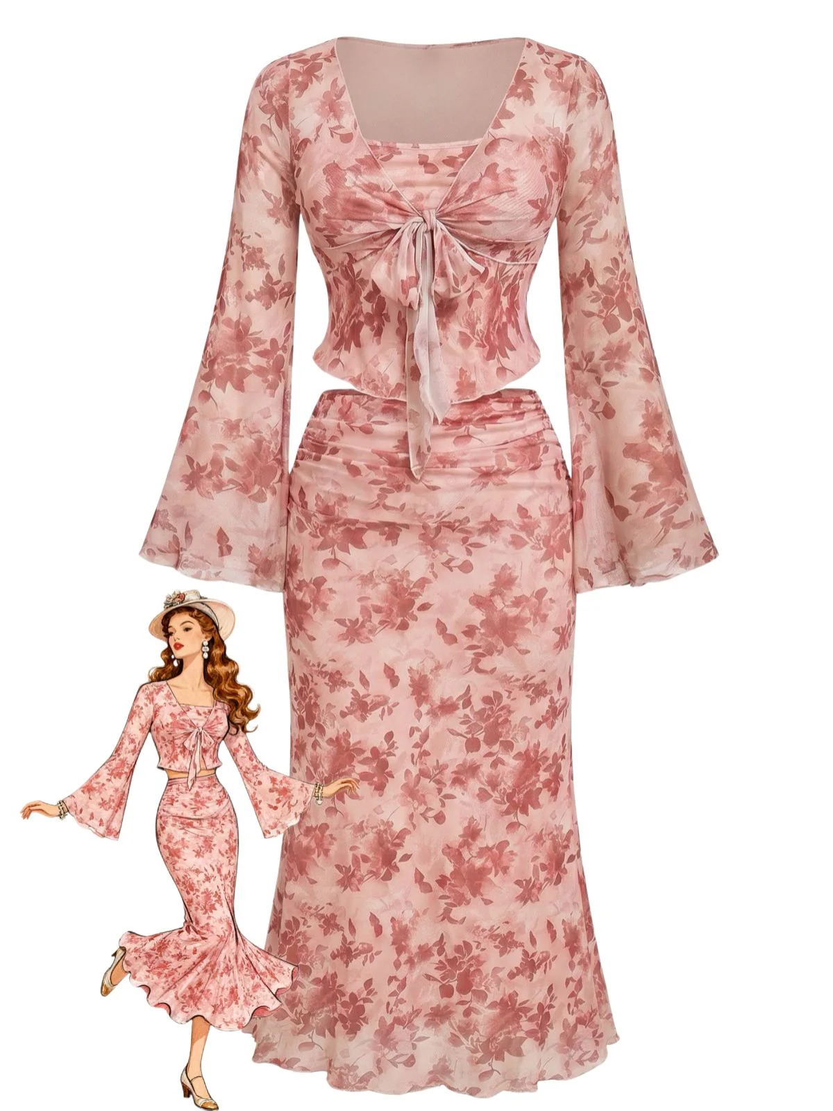Pink 1970s Floral Tie Front Bell Sleeve Skirt Set