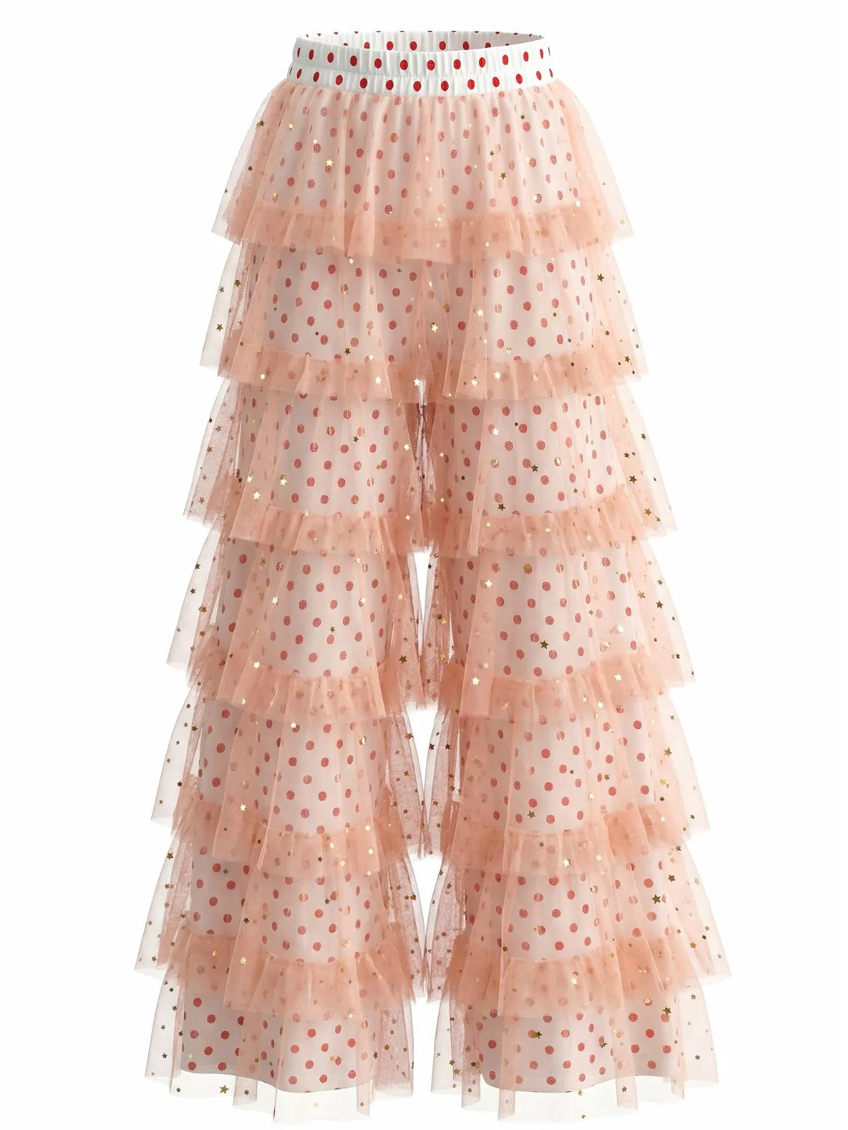 Pink 1970s Polka Dot Tulle Tiered Ruffle Pants