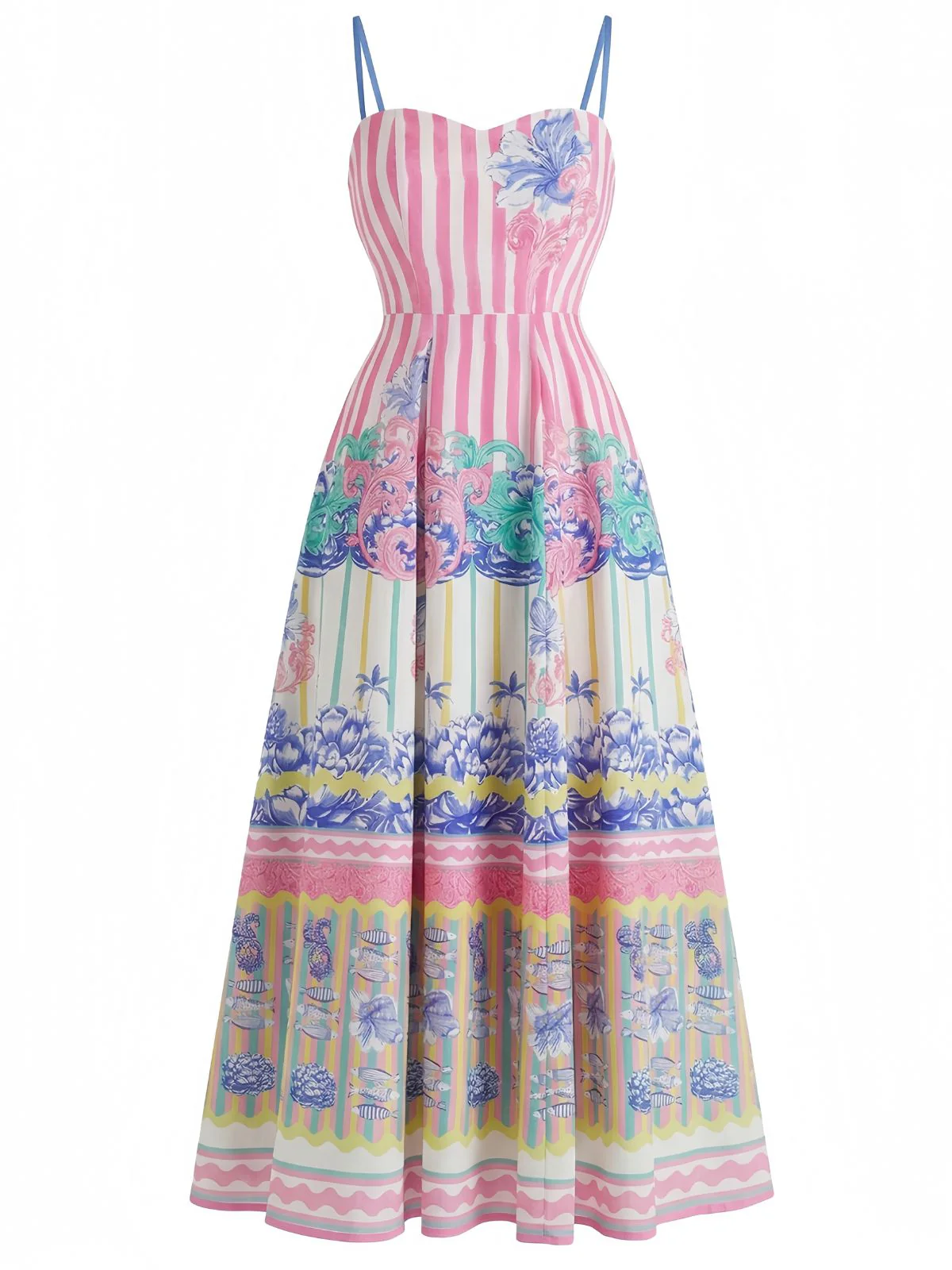 Pink 1970s Tropical Print Spaghetti Straps Maxi Dress - Image 2