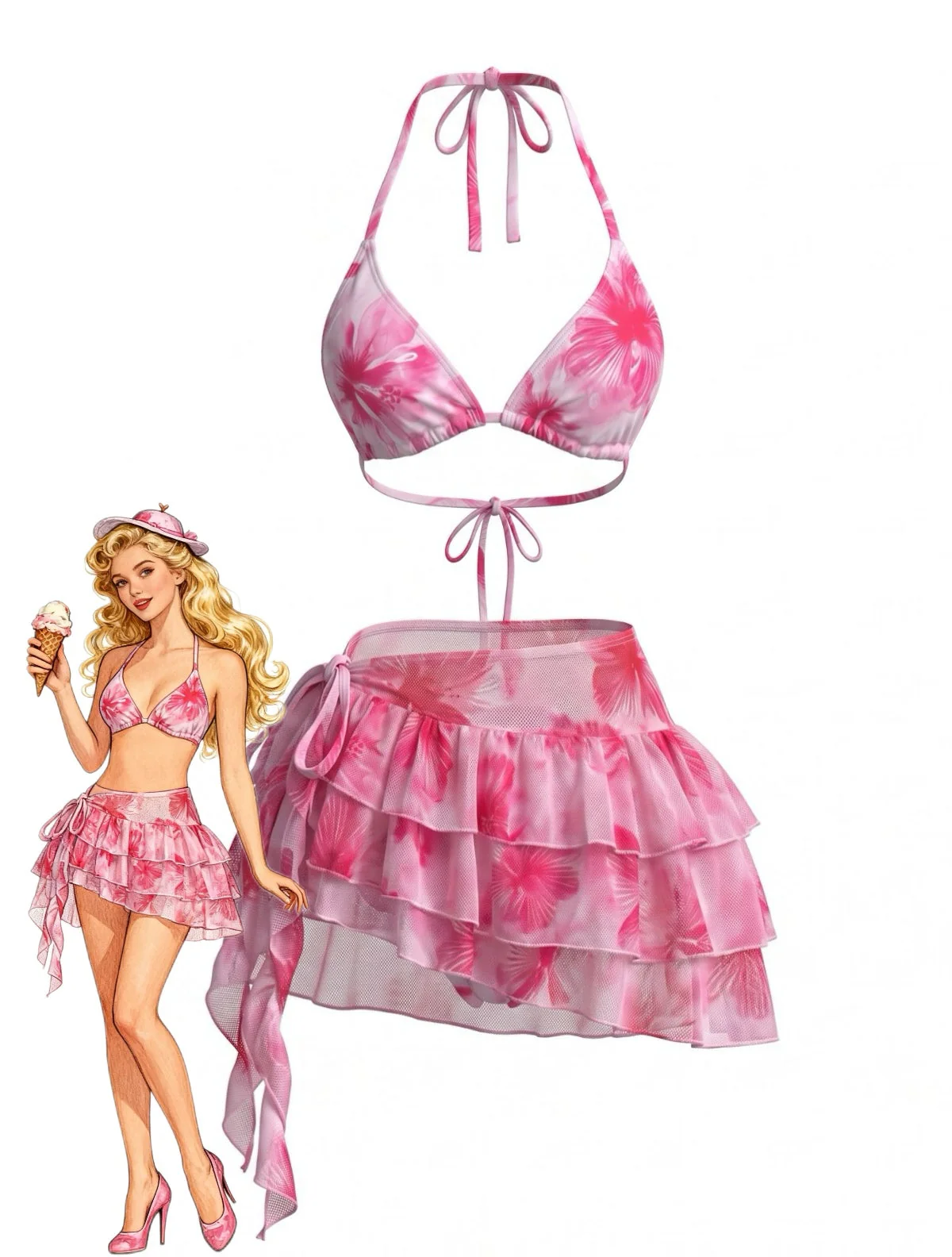 Pink 1980s Floral Halter Mesh Ruffle Skirt Bikini Set