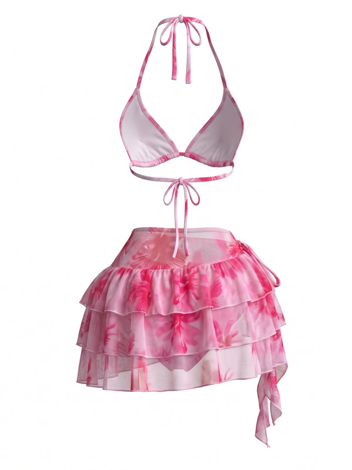 Pink 1980s Floral Halter Mesh Ruffle Skirt Bikini Set - Image 3