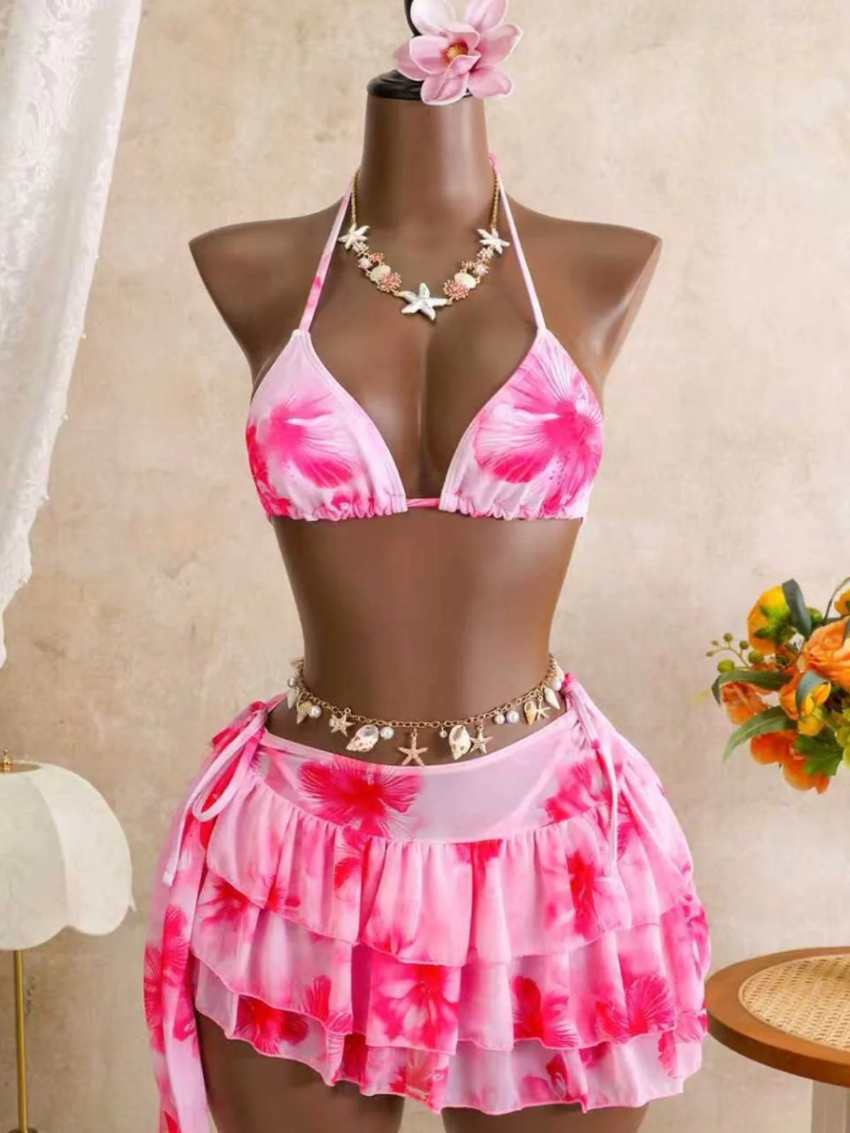 Pink 1980s Floral Halter Mesh Ruffle Skirt Bikini Set - Image 4