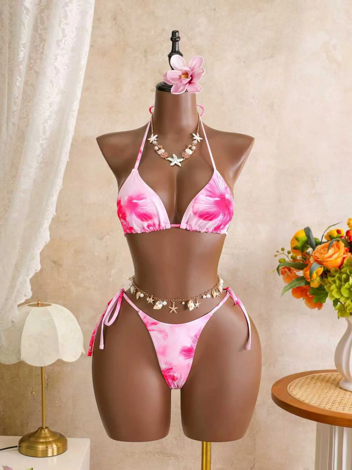Pink 1980s Floral Halter Mesh Ruffle Skirt Bikini Set - Image 5