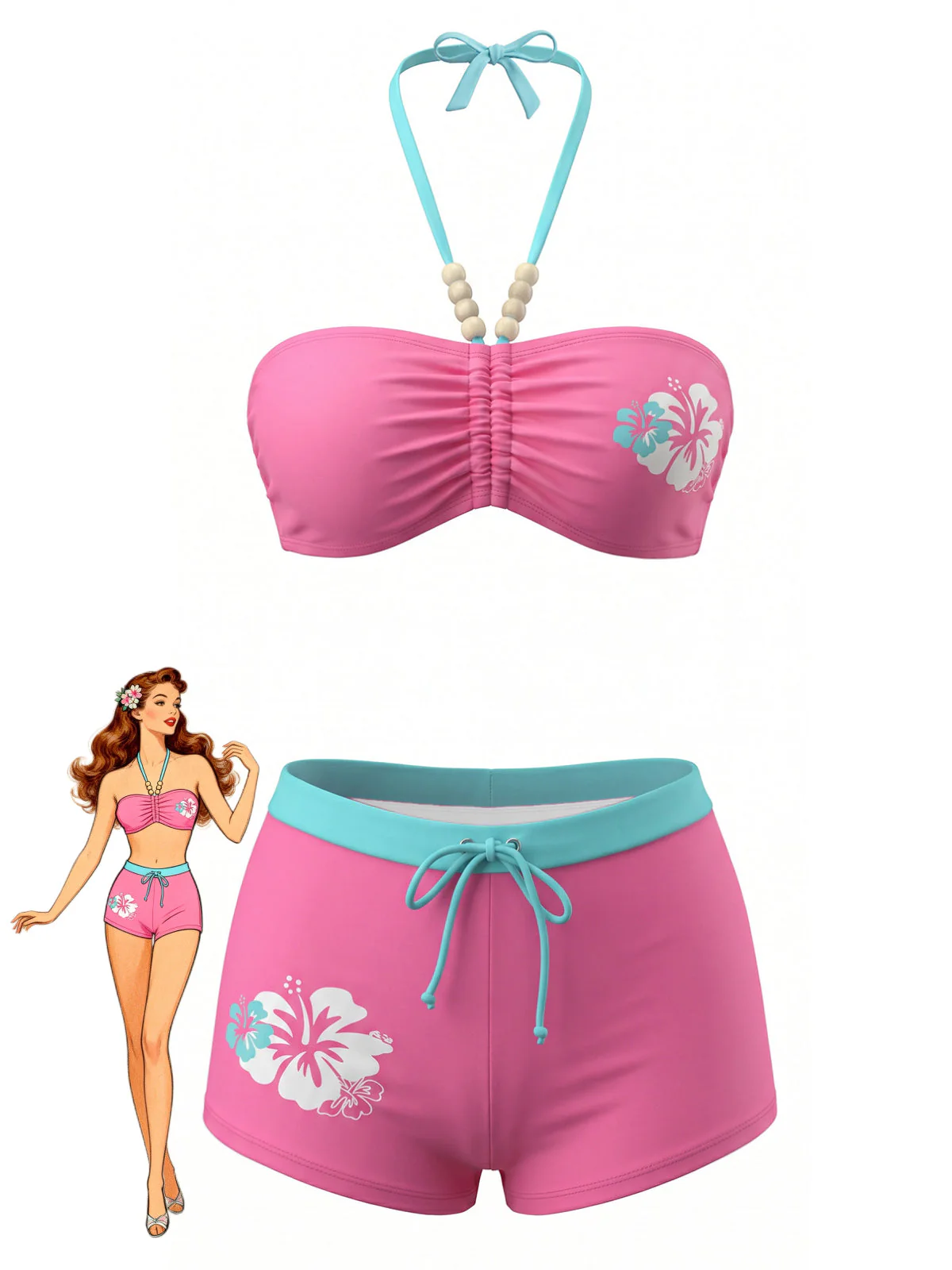 Pink 1980s Floral Print Halter Ruched Front Bikini Set