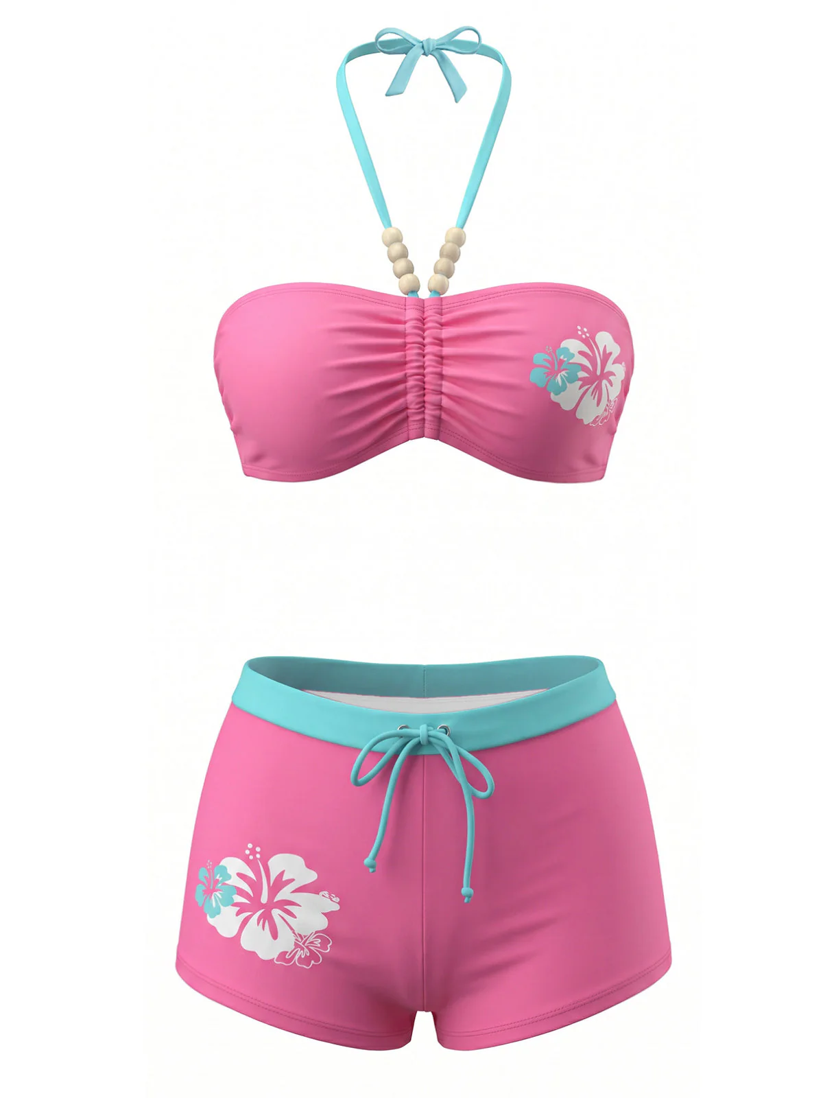 Pink 1980s Floral Print Halter Ruched Front Bikini Set - Image 2
