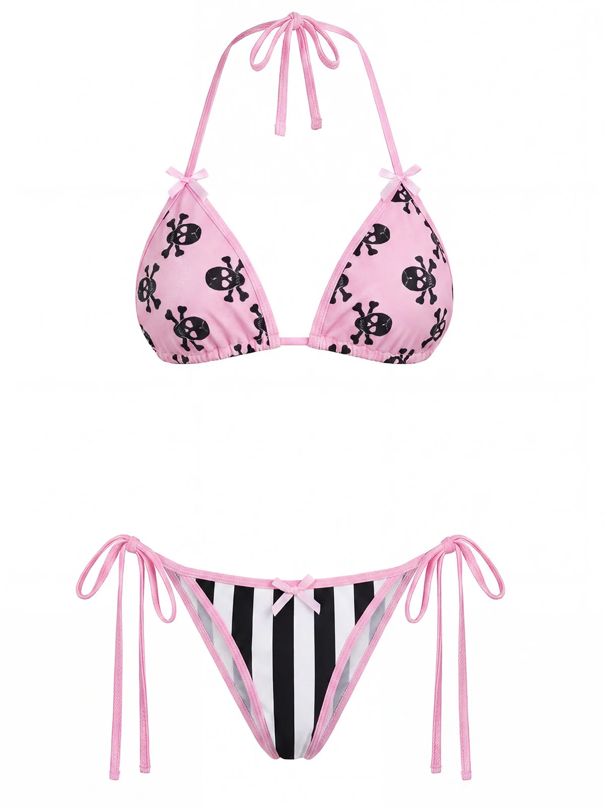 [Pre-Sale] Pink 1980s Gothic Skull Printed Striped Bikini Set - Image 2