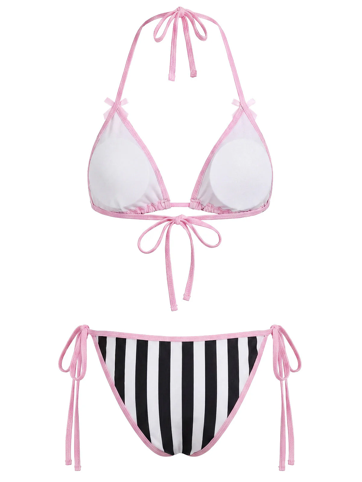 [Pre-Sale] Pink 1980s Gothic Skull Printed Striped Bikini Set - Image 4