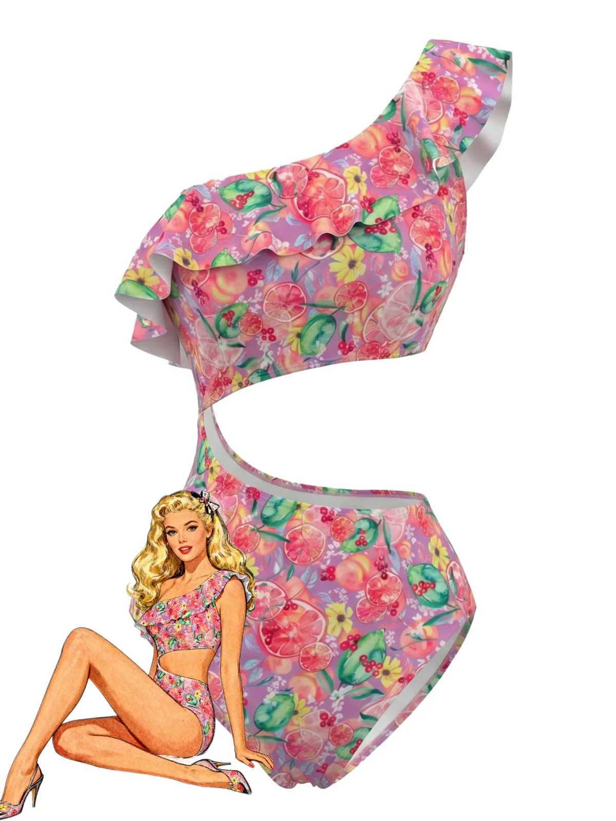 Pink 1980s One-Shoulder Fruit Ruffled Cut-Out Swimsuit