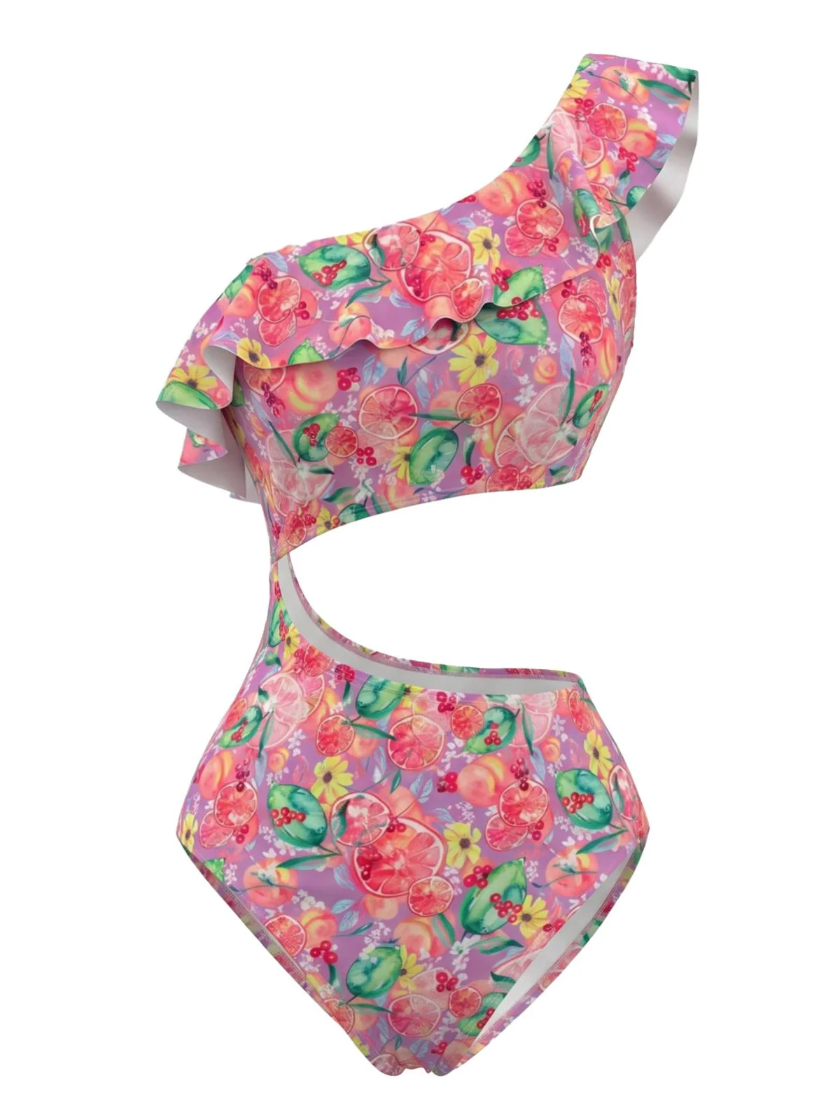 Pink 1980s One-Shoulder Fruit Ruffled Cut-Out Swimsuit - Image 2