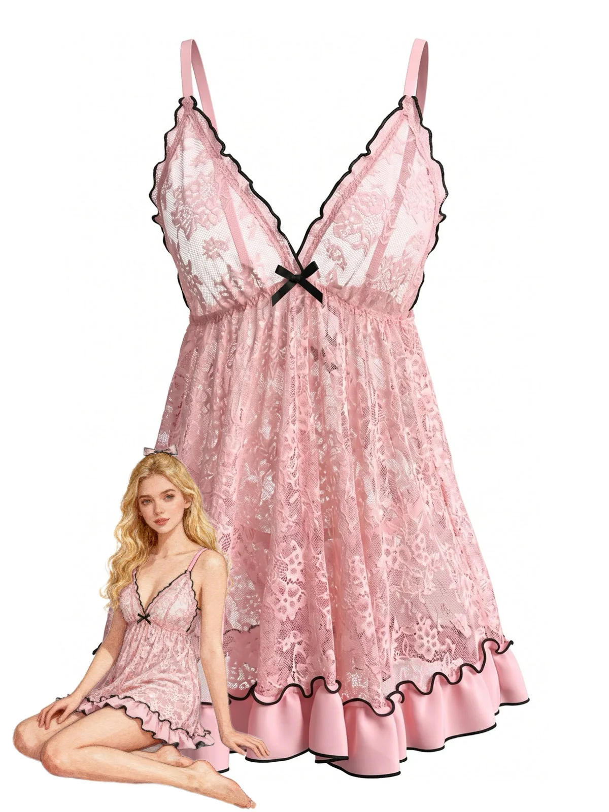 Pink 1980s Sheer Lace Ruffle Hem Babydoll Nightgown