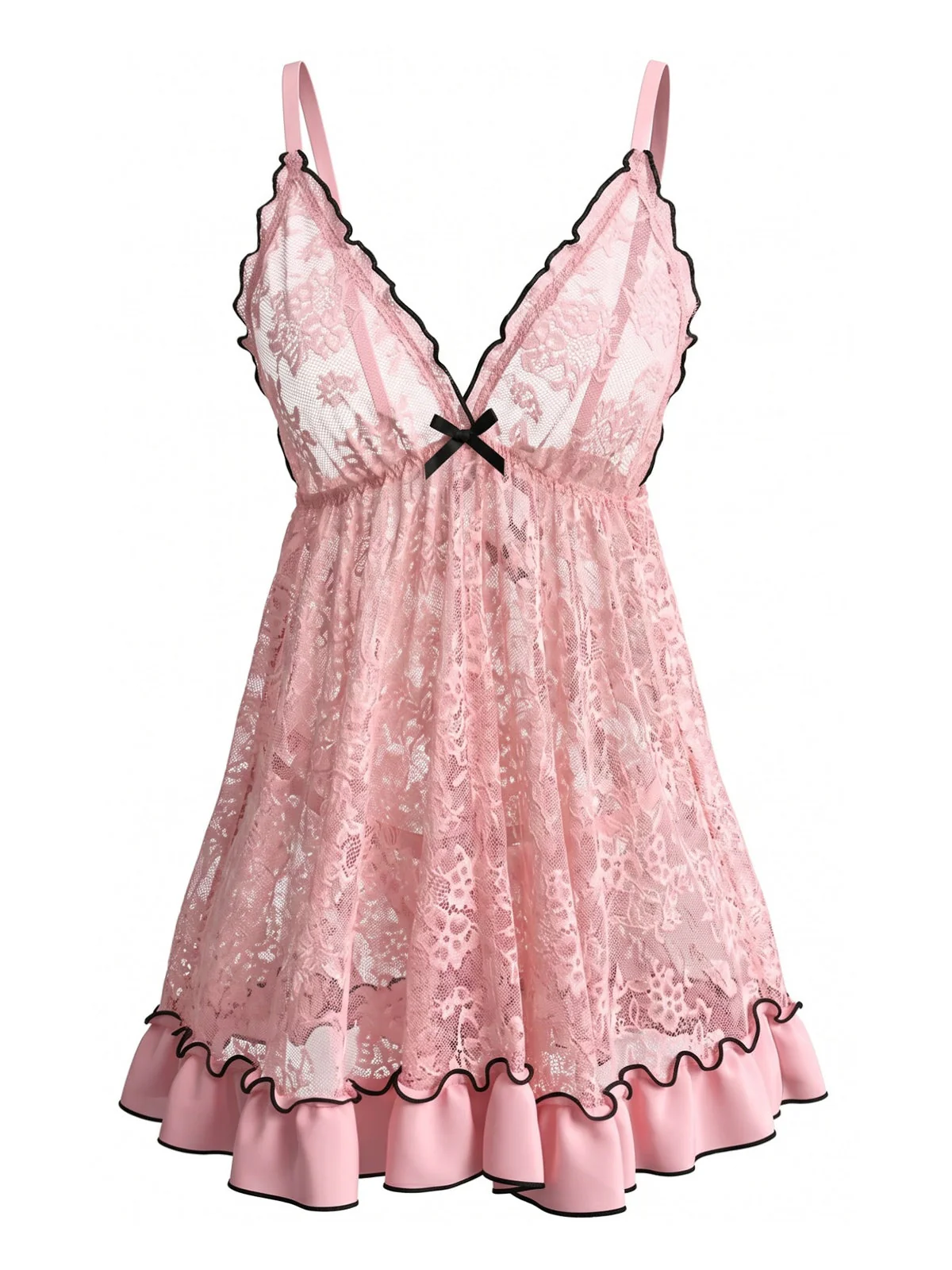 Pink 1980s Sheer Lace Ruffle Hem Babydoll Nightgown - Image 2