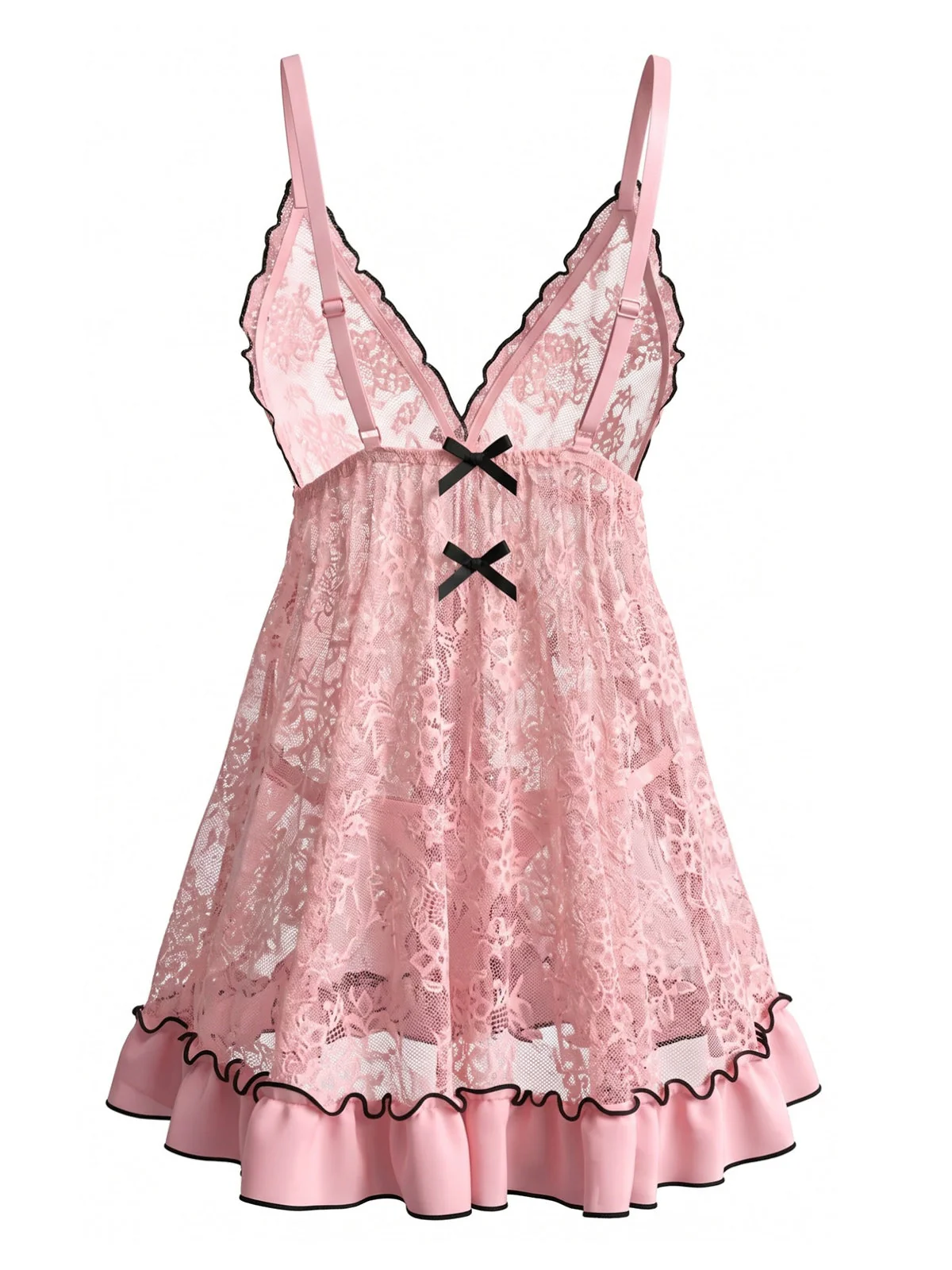 Pink 1980s Sheer Lace Ruffle Hem Babydoll Nightgown - Image 5