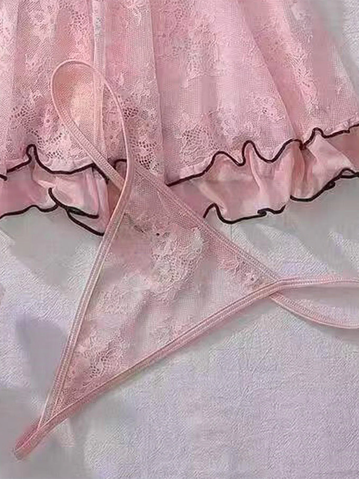 Pink 1980s Sheer Lace Ruffle Hem Babydoll Nightgown - Image 8