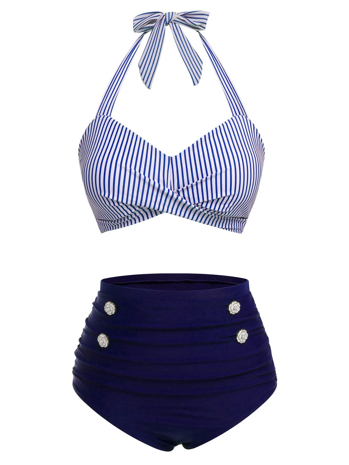 Red & Blue 1940s Striped Halter Swimsuit Set - Image 10