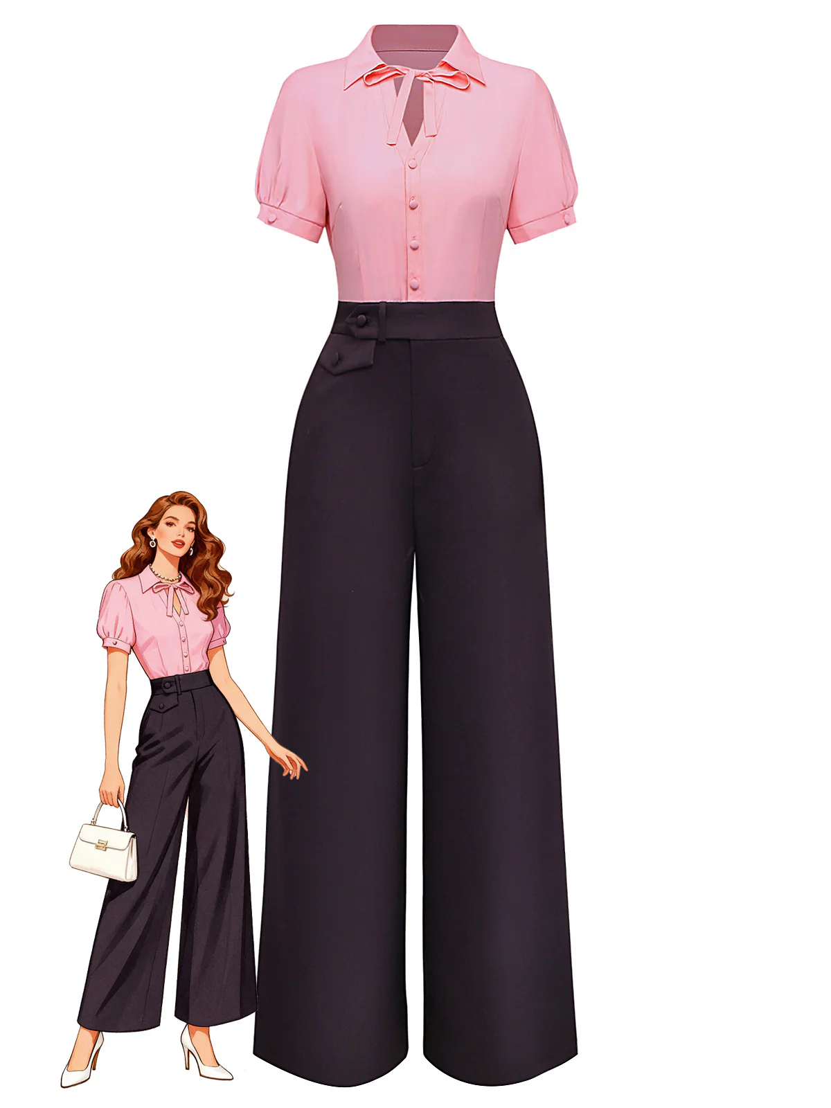 Pink & Gray 1930s Bow Collar Lapel Jumpsuit