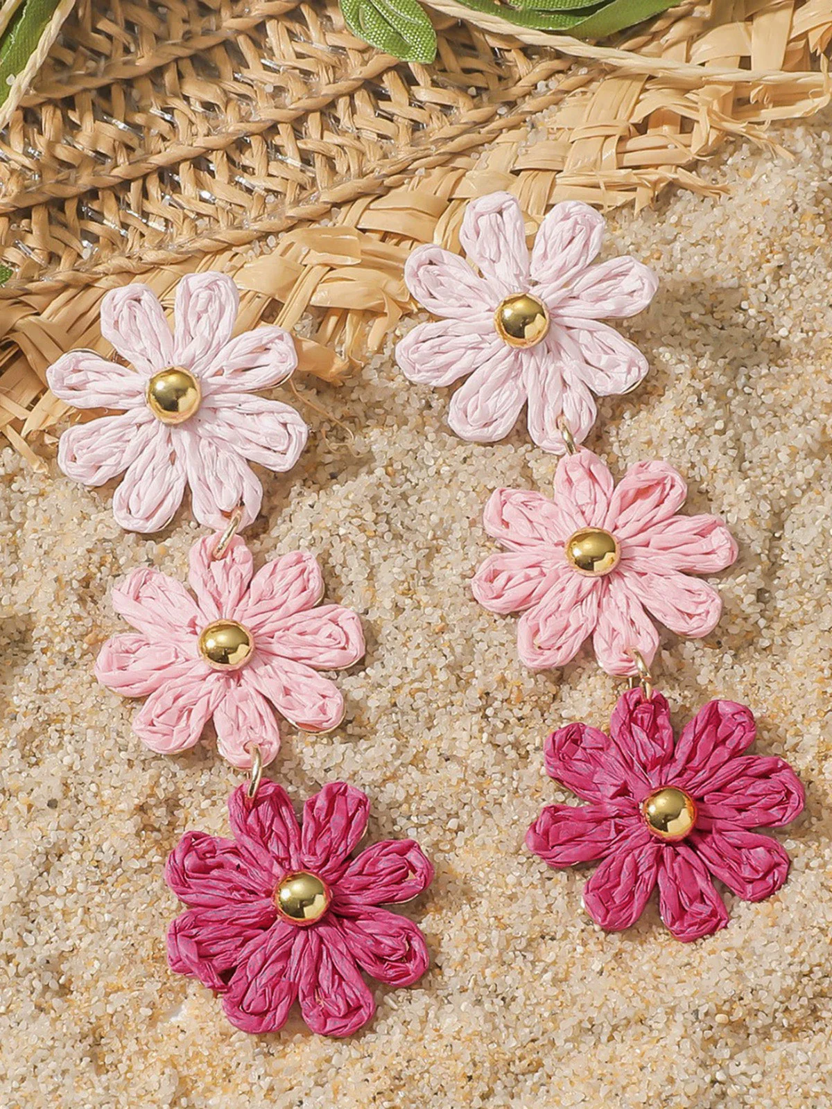 Pink Ombre Raffia Woven Daisy Triple Drop Earrings