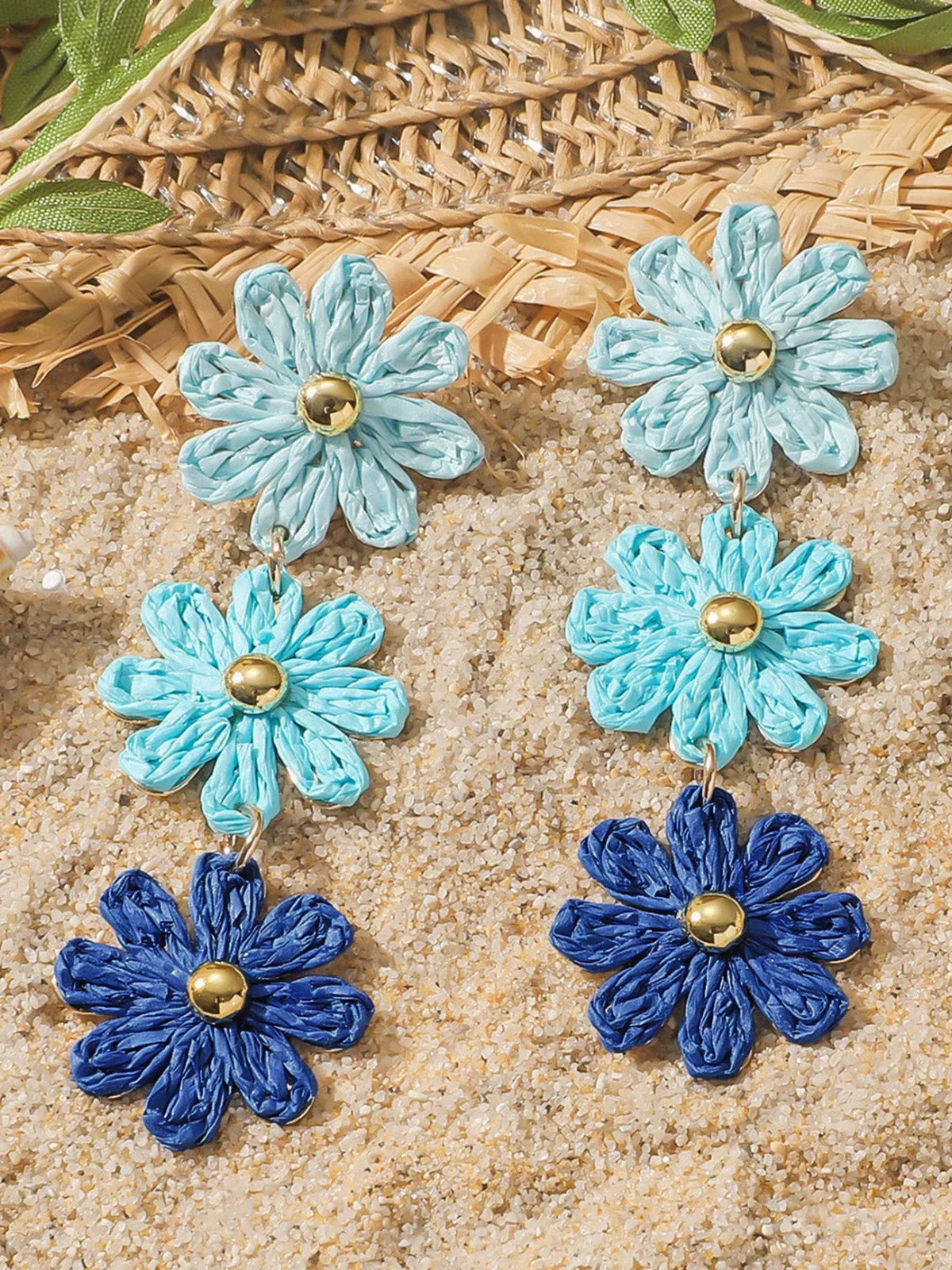 Pink Ombre Raffia Woven Daisy Triple Drop Earrings - Image 3