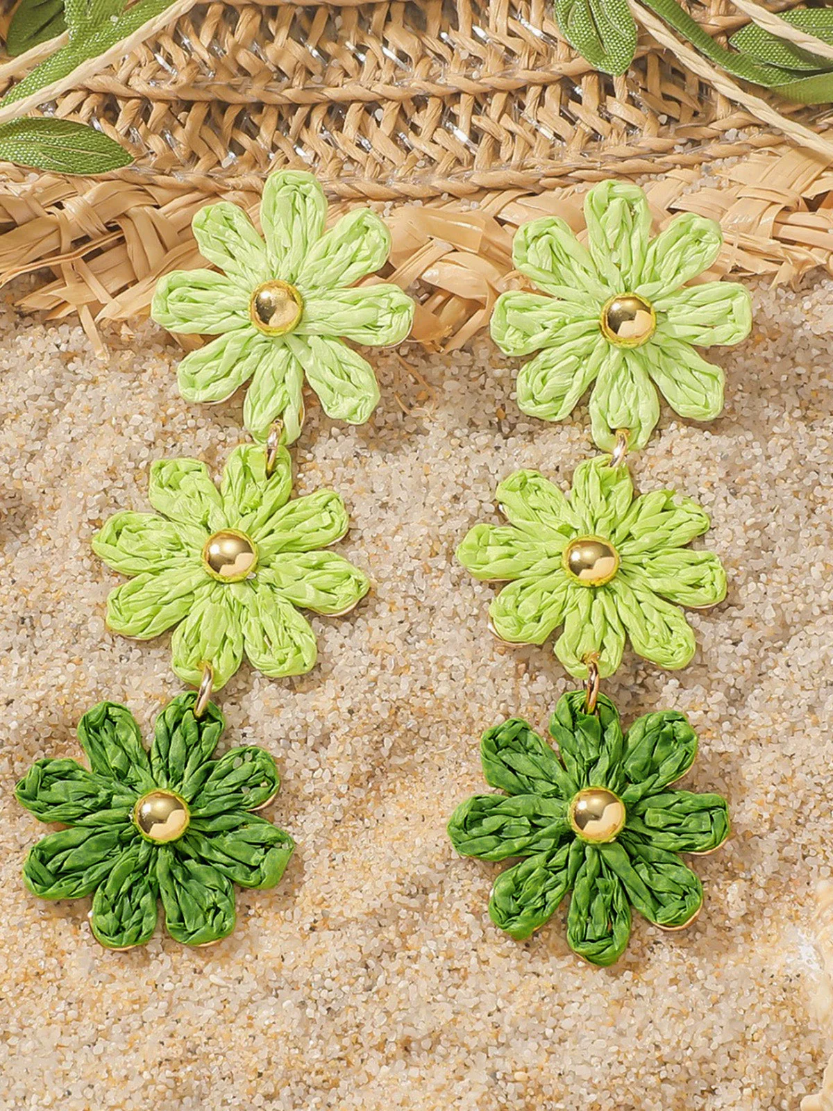 Pink Ombre Raffia Woven Daisy Triple Drop Earrings - Image 4