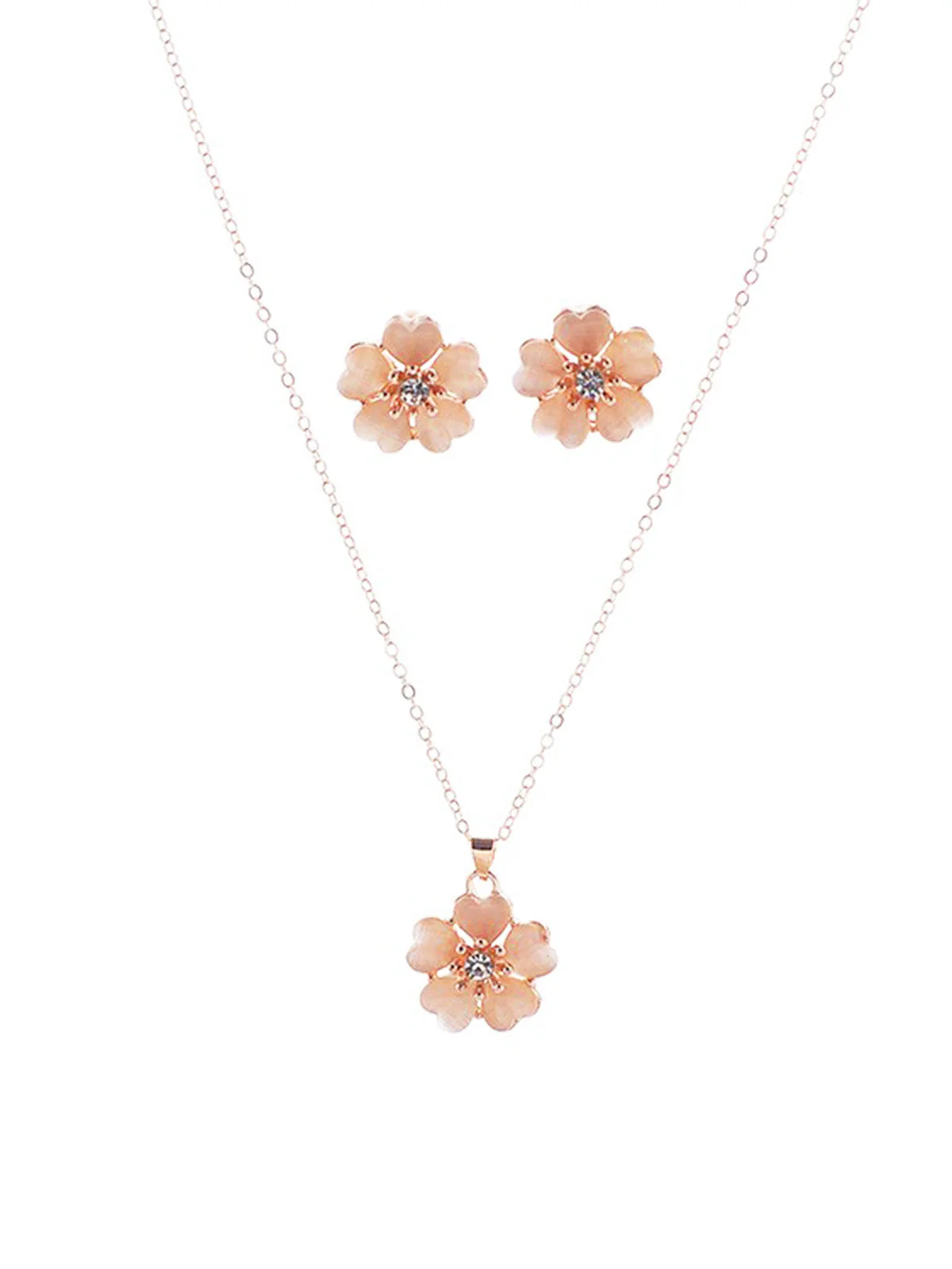 Pink Pendant Crystal Flower Necklace & Earrings Set