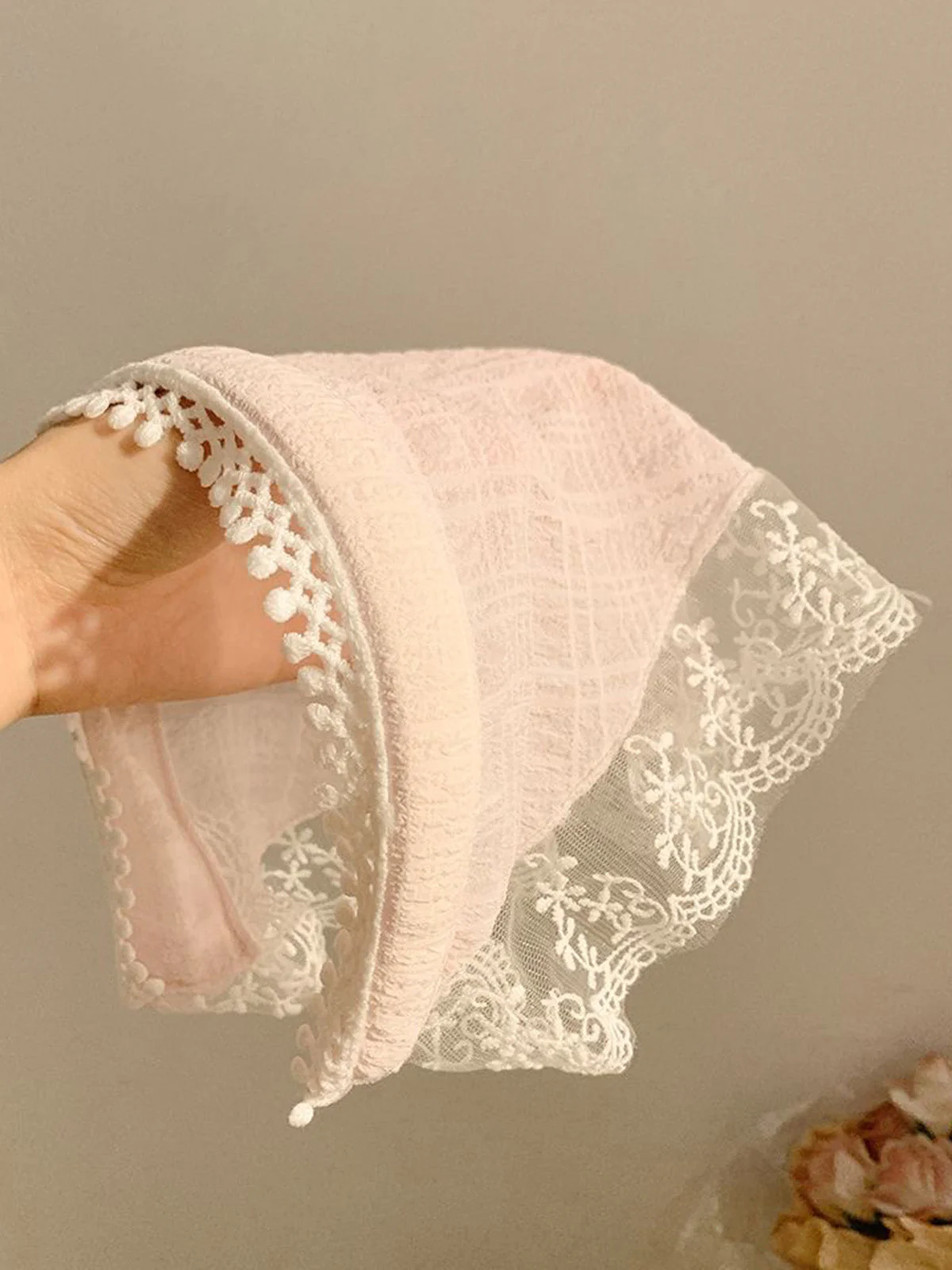 Pink Pom Pom Lace Trim Sheer Mesh Head Scarf