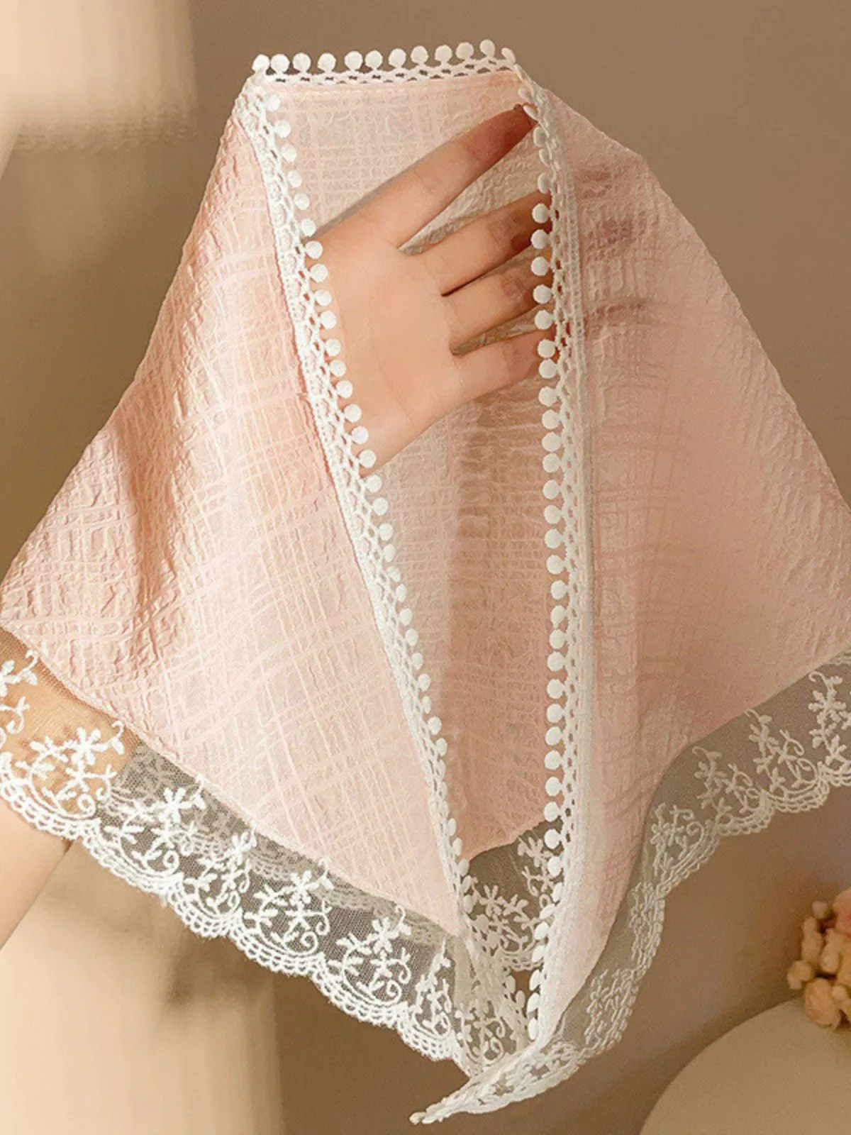 Pink Pom Pom Lace Trim Sheer Mesh Head Scarf - Image 2