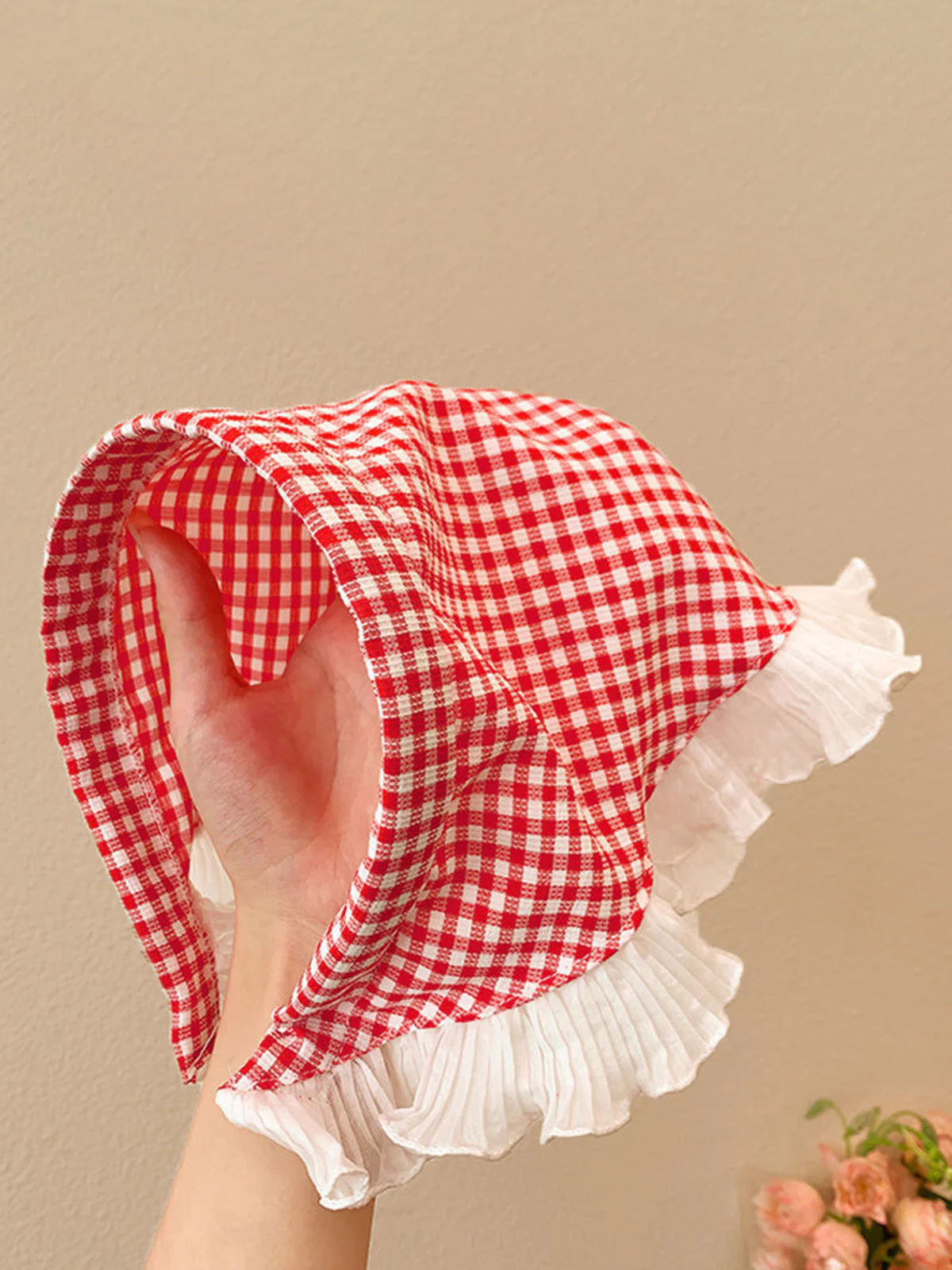 Pink Pom Pom Lace Trim Sheer Mesh Head Scarf - Image 3
