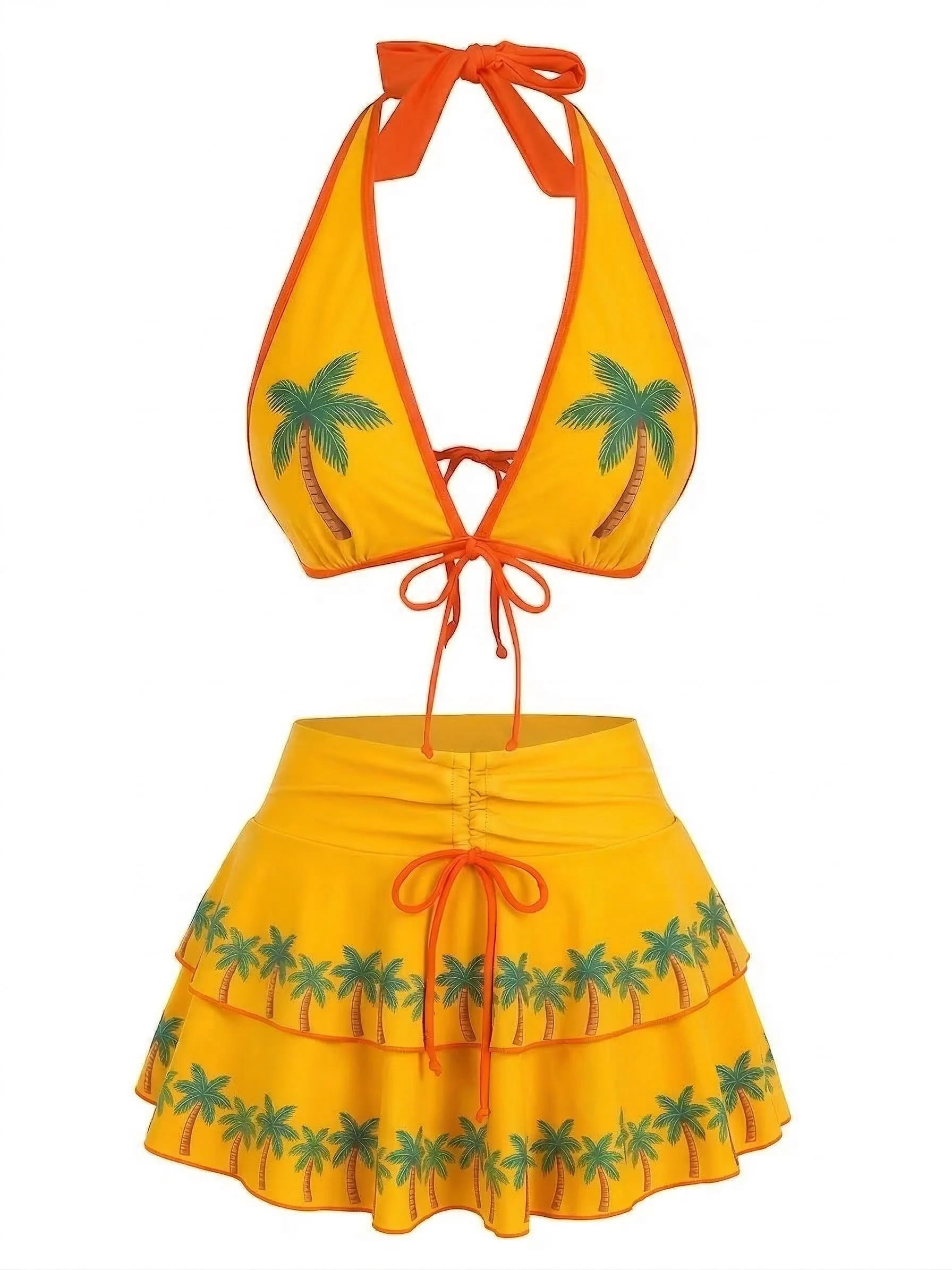 Orange 1960s Floral Print Tie-Front Layered Bikini Set - Image 2