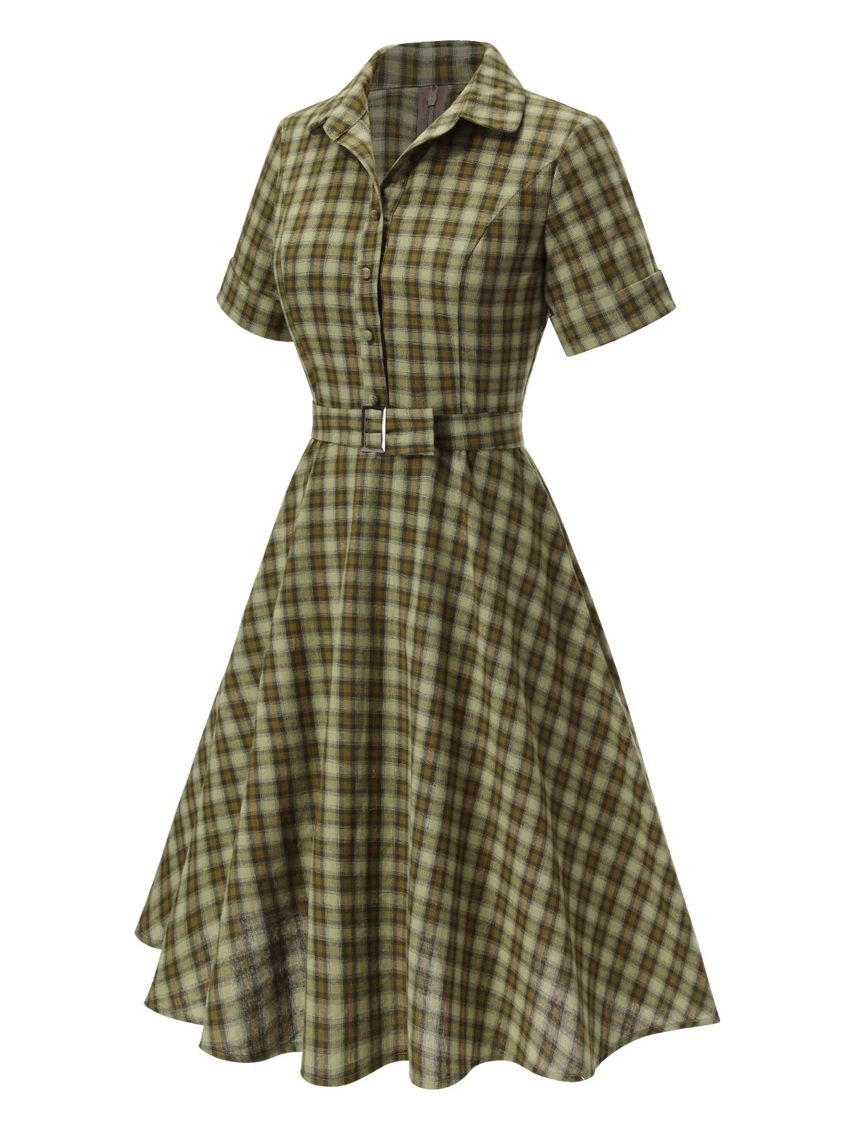 Plaids 1950s Buttoned Belted Swing Dress - Image 2