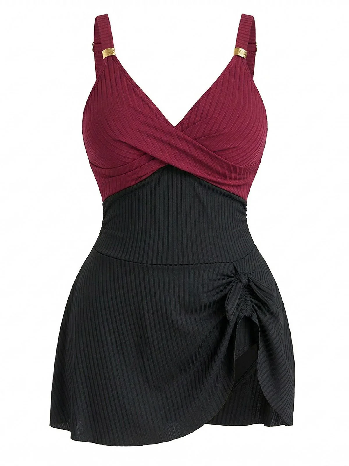[Plus Size] 1930s Color Block Ribbed One-Piece Swimsuit - Image 2