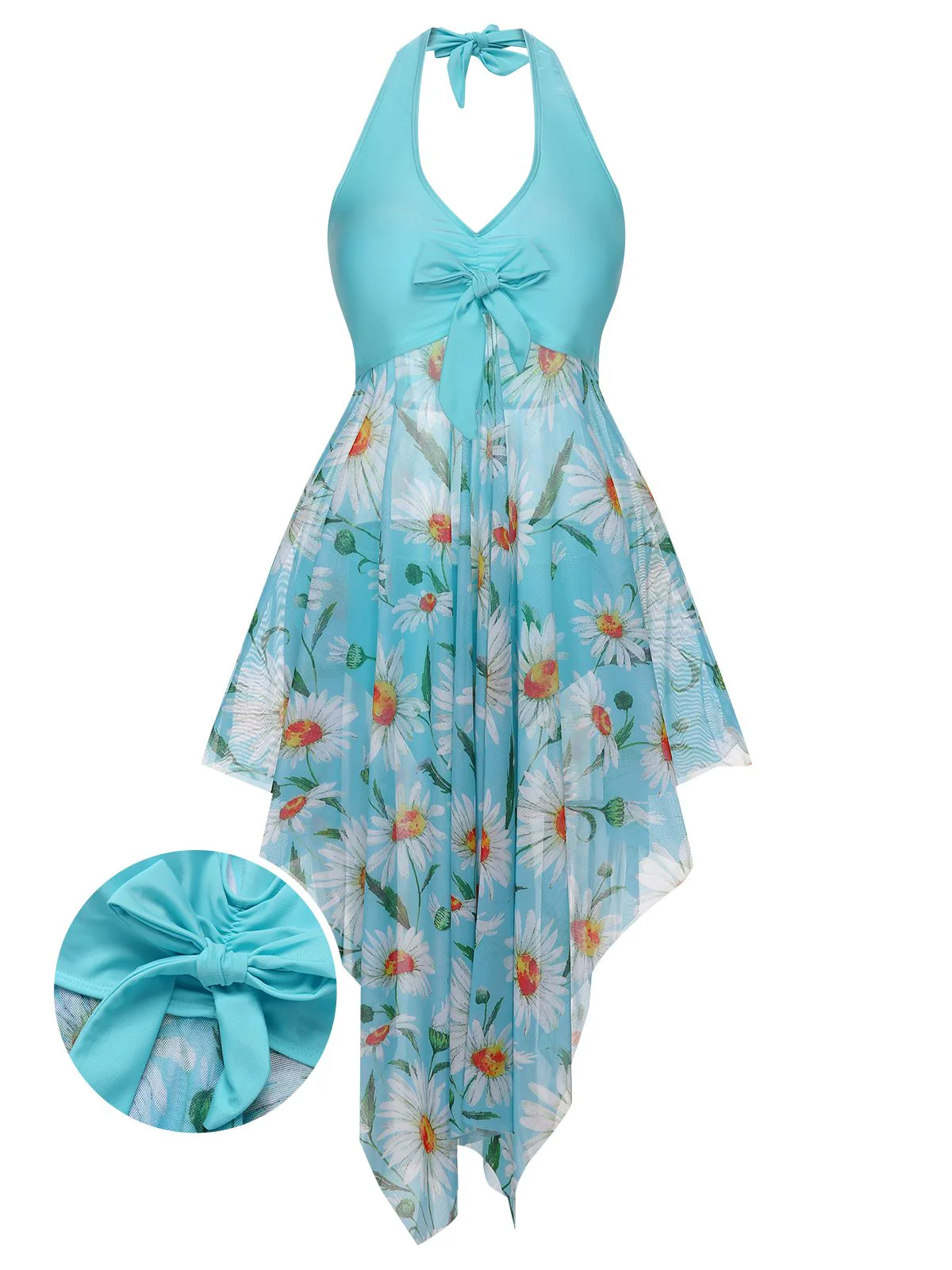 [Plus Size] 1930S Daisy Bow Halter Skirt Swimsuit