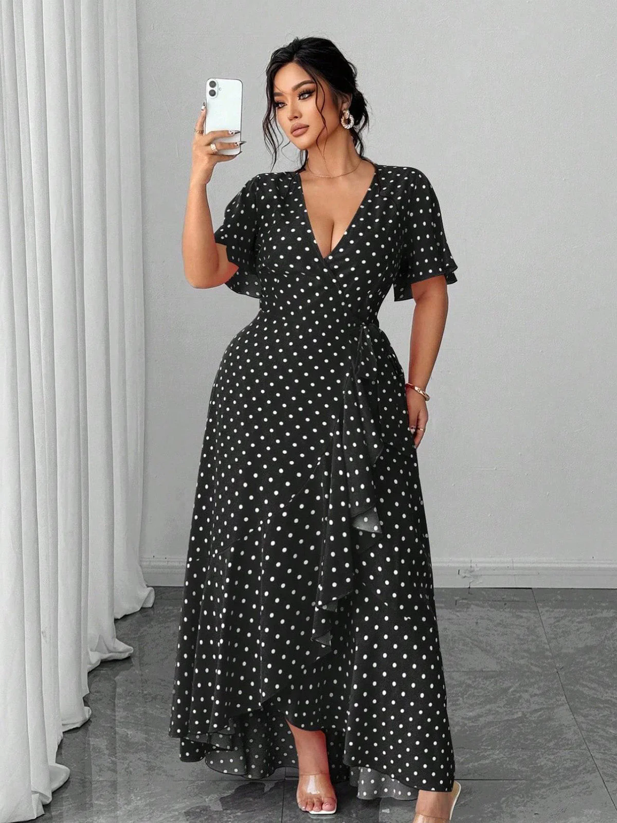 [Plus Size] 1940s Polka Dot Wrap V-Neck Ruffle Maxi Dress
