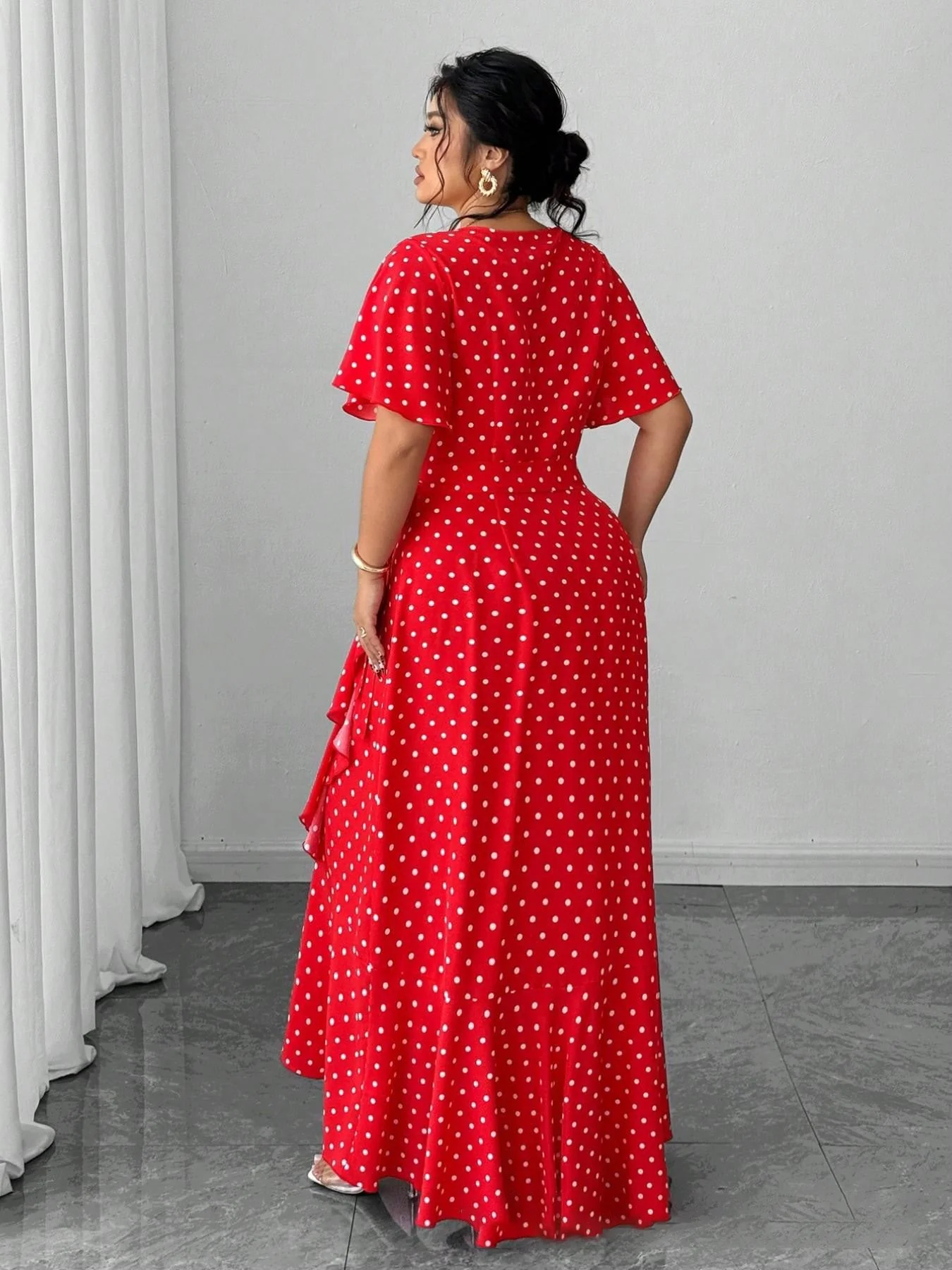 [Plus Size] 1940s Polka Dot Wrap V-Neck Ruffle Maxi Dress - Image 10