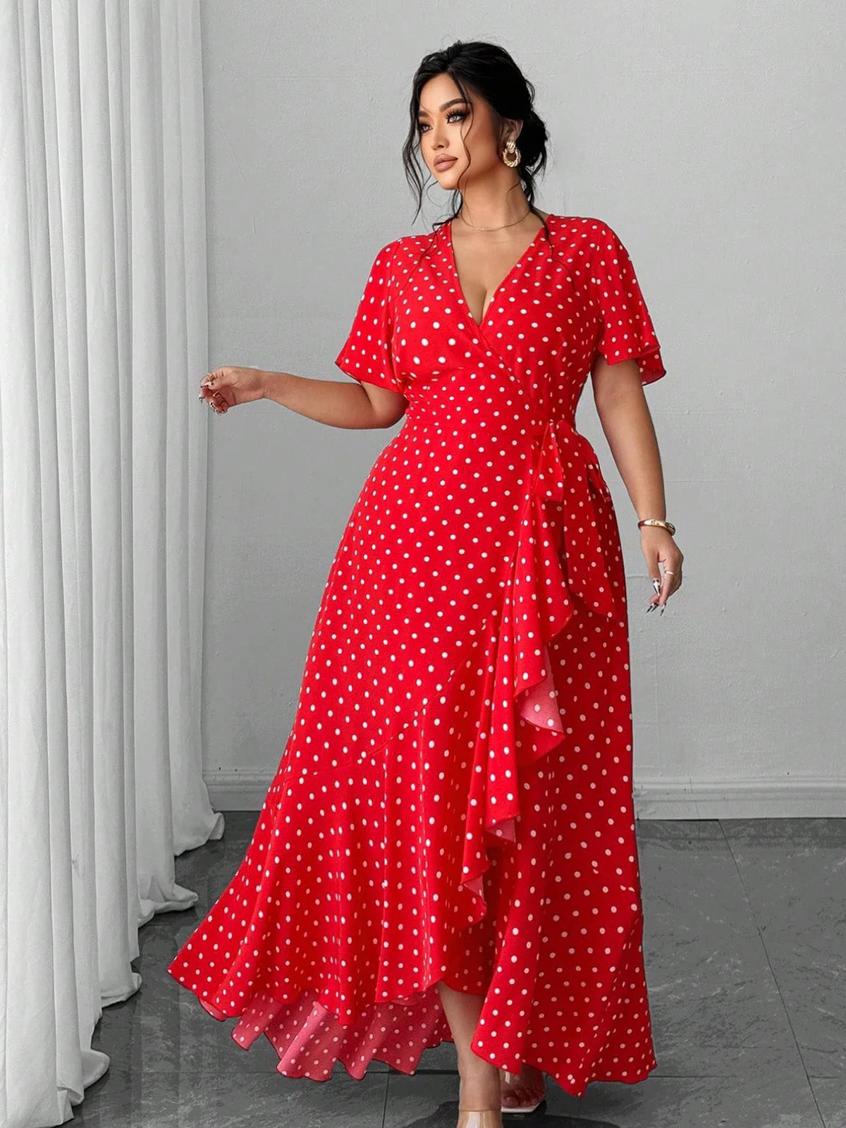 [Plus Size] 1940s Polka Dot Wrap V-Neck Ruffle Maxi Dress - Image 11