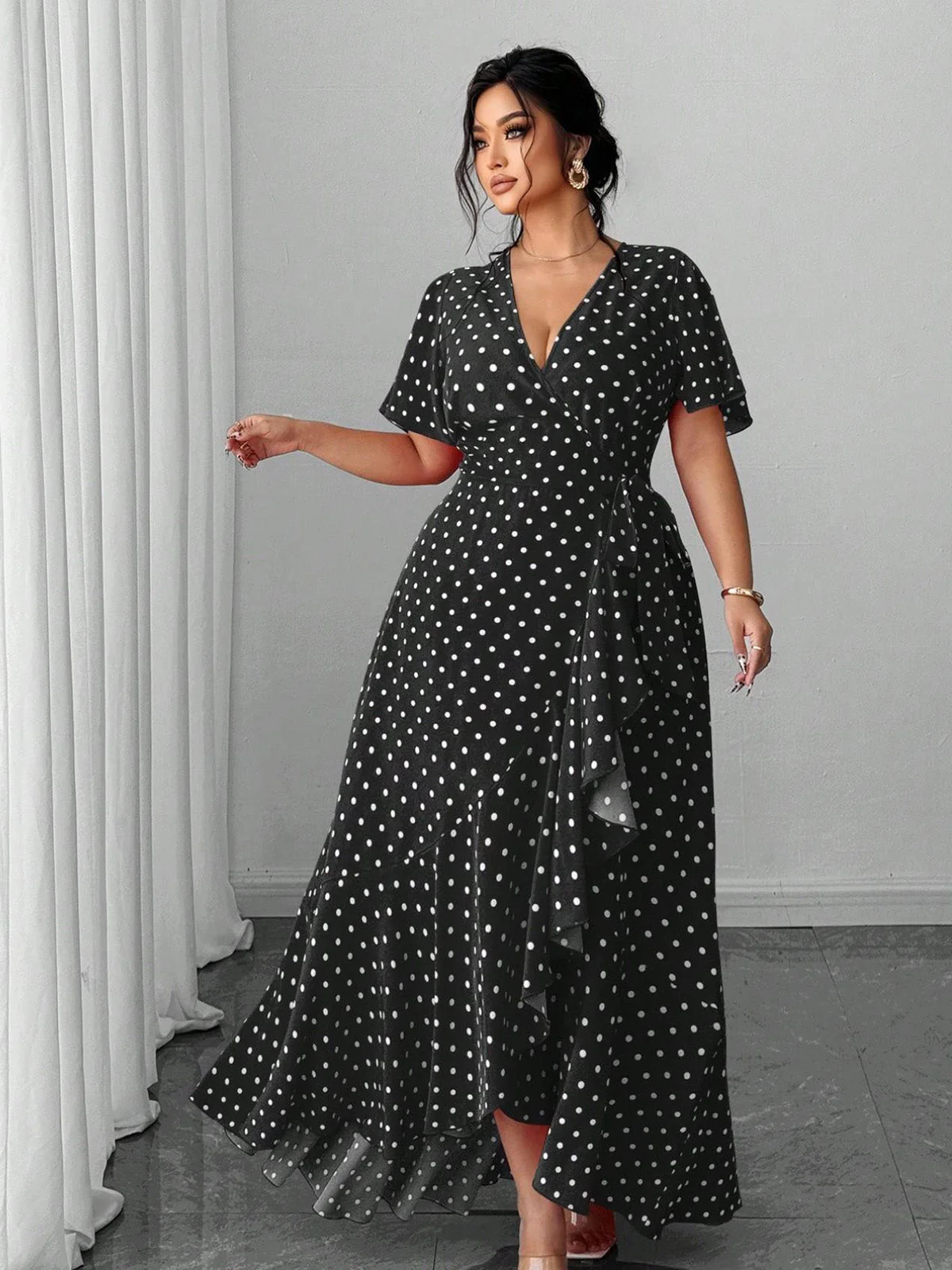 [Plus Size] 1940s Polka Dot Wrap V-Neck Ruffle Maxi Dress - Image 2