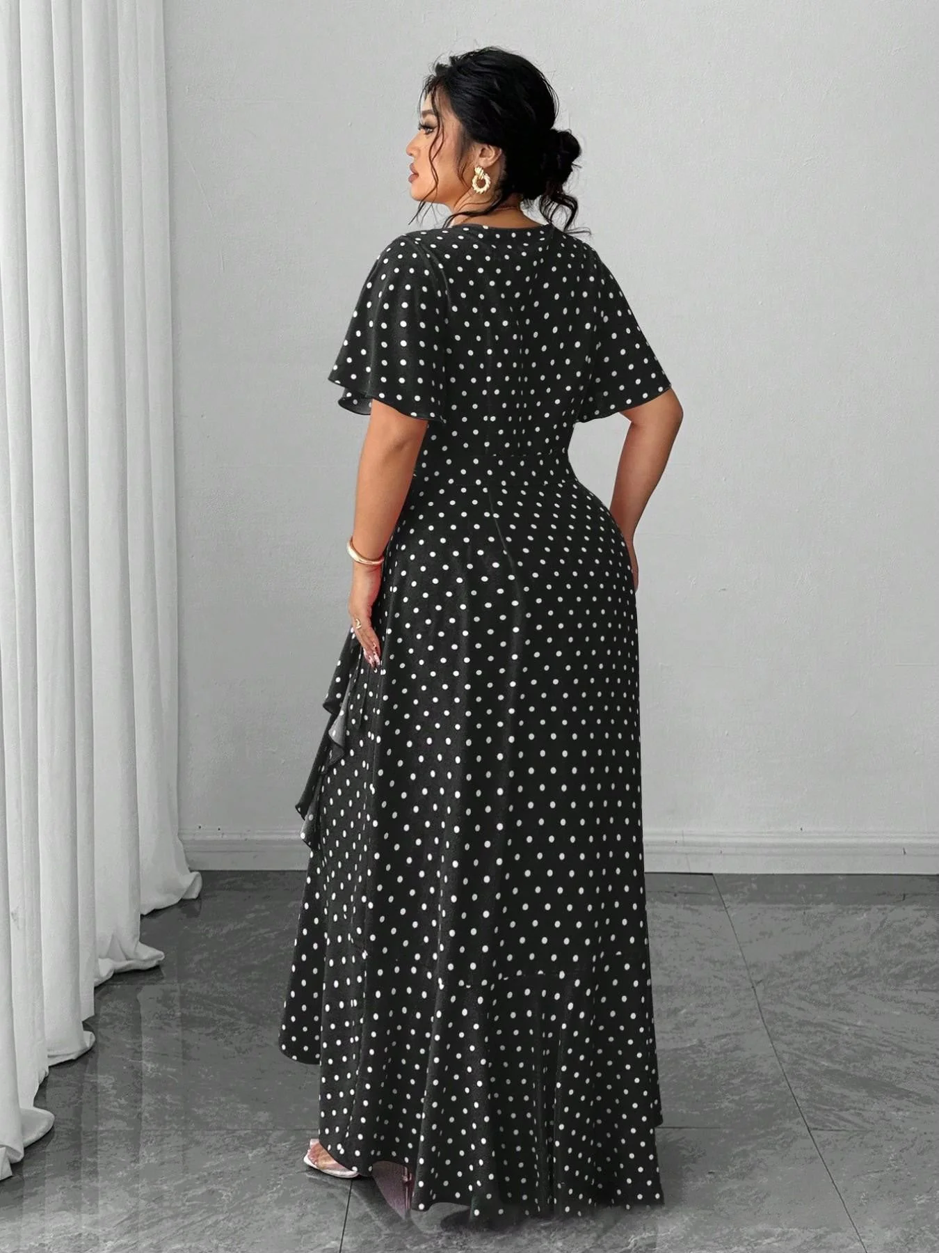 [Plus Size] 1940s Polka Dot Wrap V-Neck Ruffle Maxi Dress - Image 3