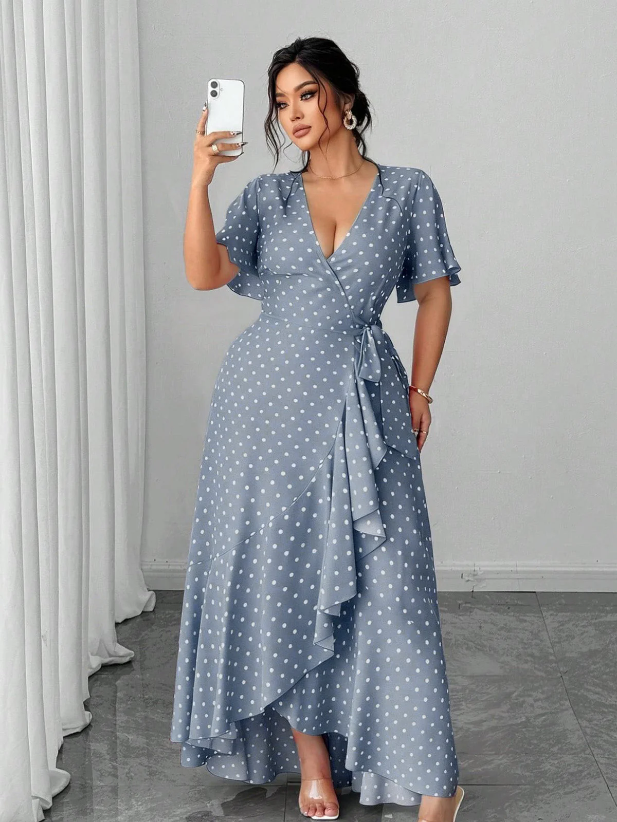 [Plus Size] 1940s Polka Dot Wrap V-Neck Ruffle Maxi Dress - Image 5