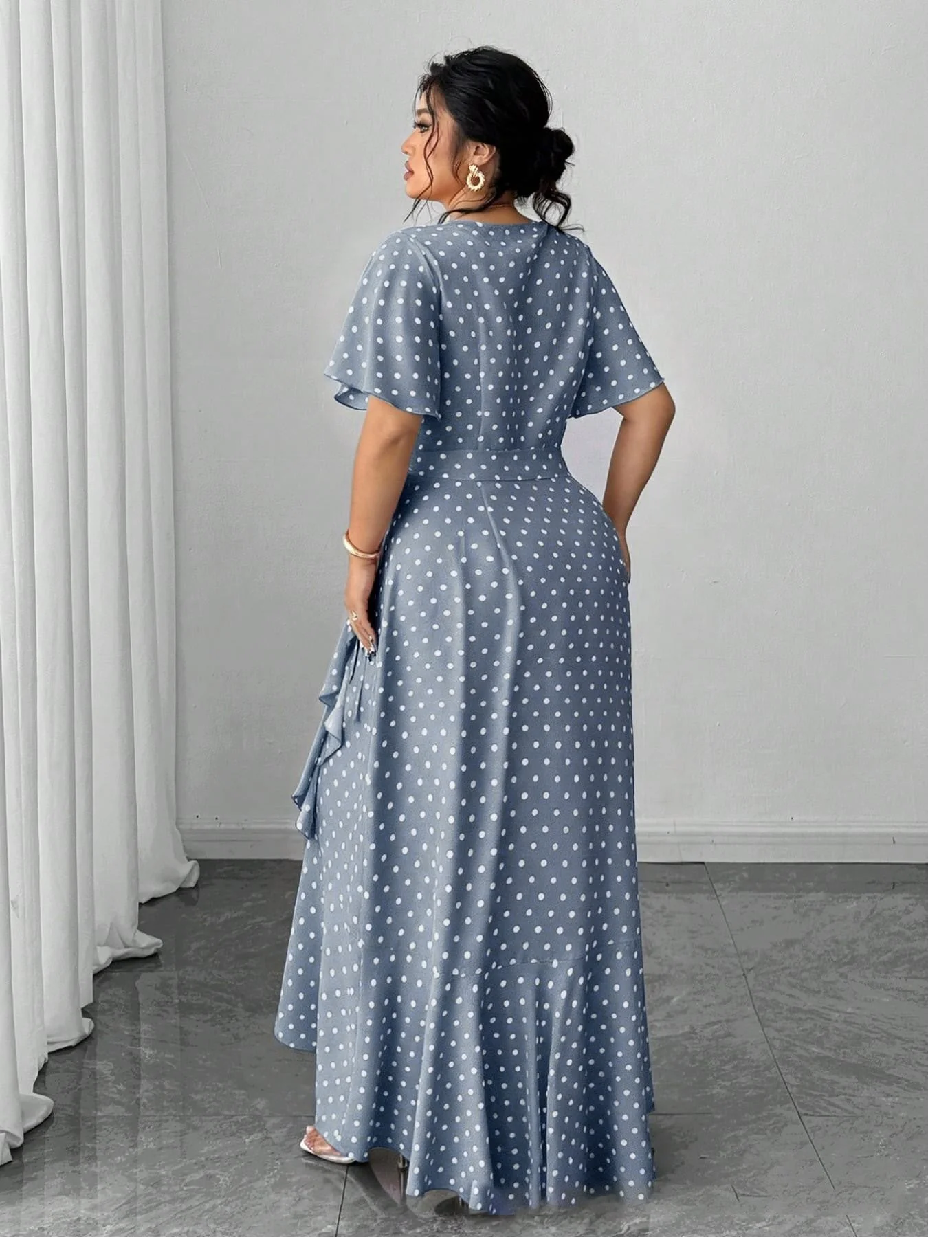 [Plus Size] 1940s Polka Dot Wrap V-Neck Ruffle Maxi Dress - Image 6