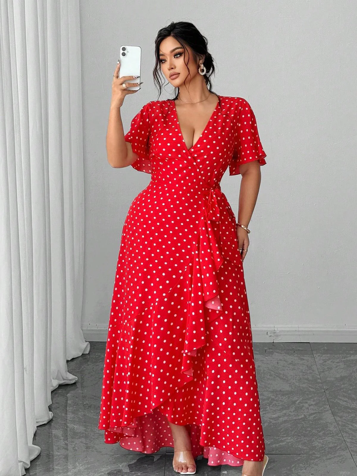 [Plus Size] 1940s Polka Dot Wrap V-Neck Ruffle Maxi Dress - Image 8