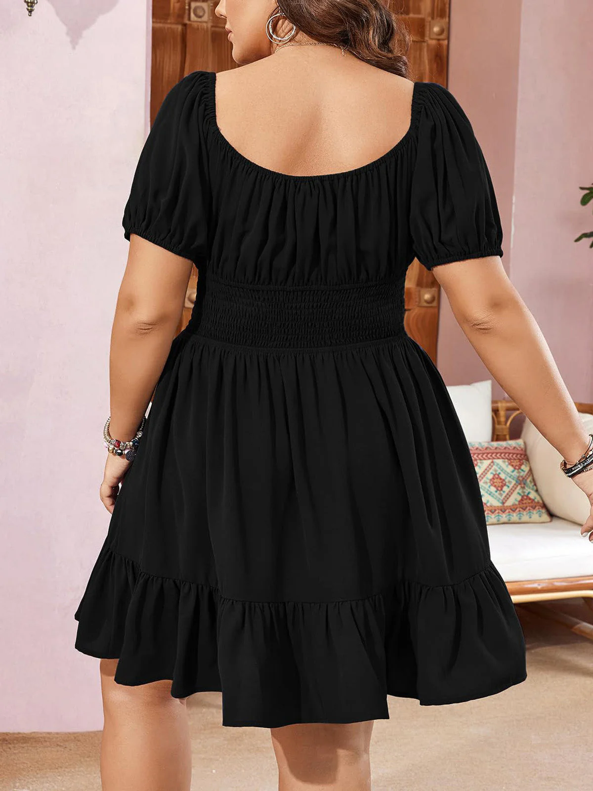 [Plus Size] 1950s Puff Sleeve Smocked Mini Dress - Image 3