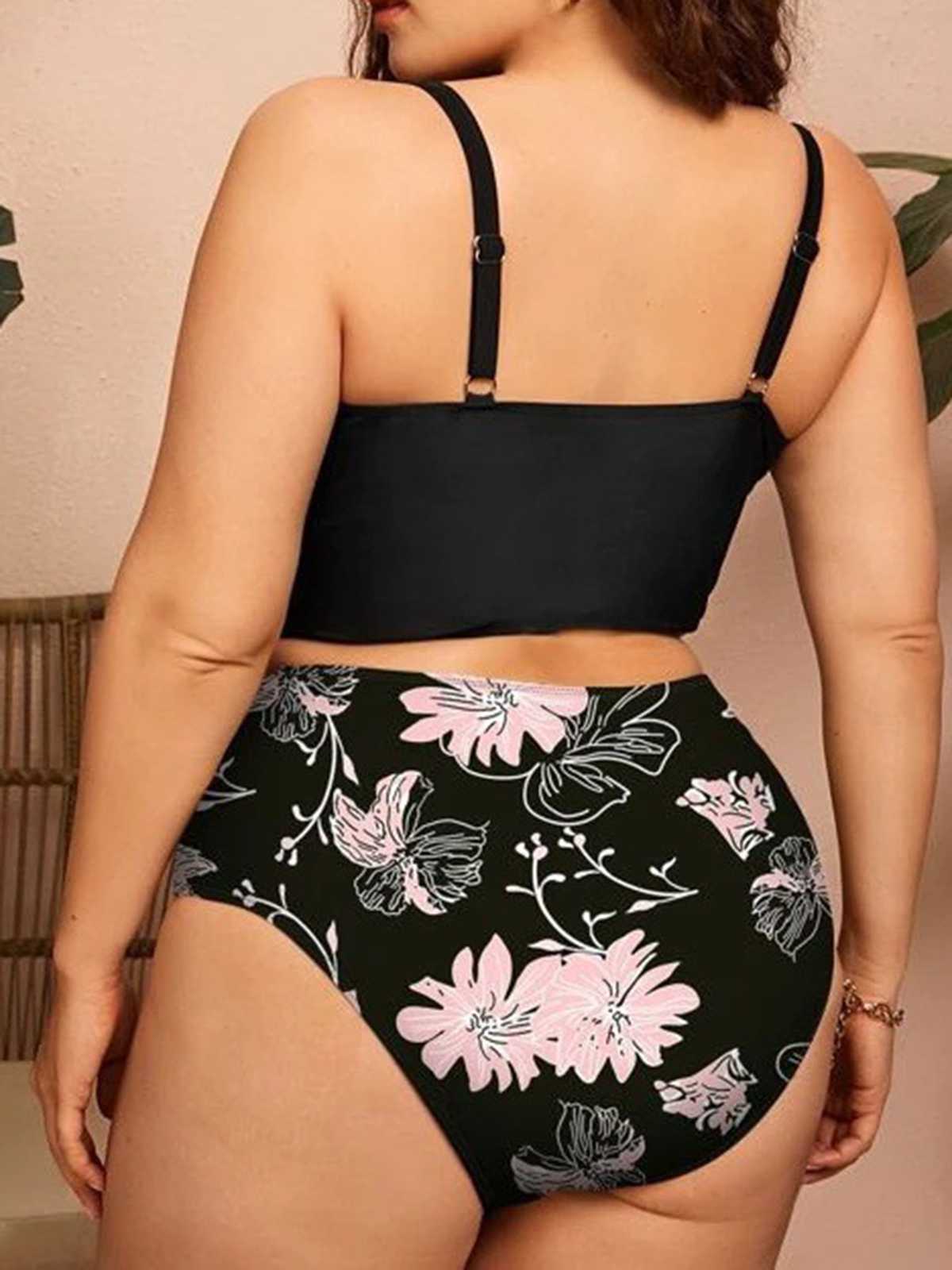 [Plus Size] 1950s Spaghetti Strap Floral Swimsuit - Image 2