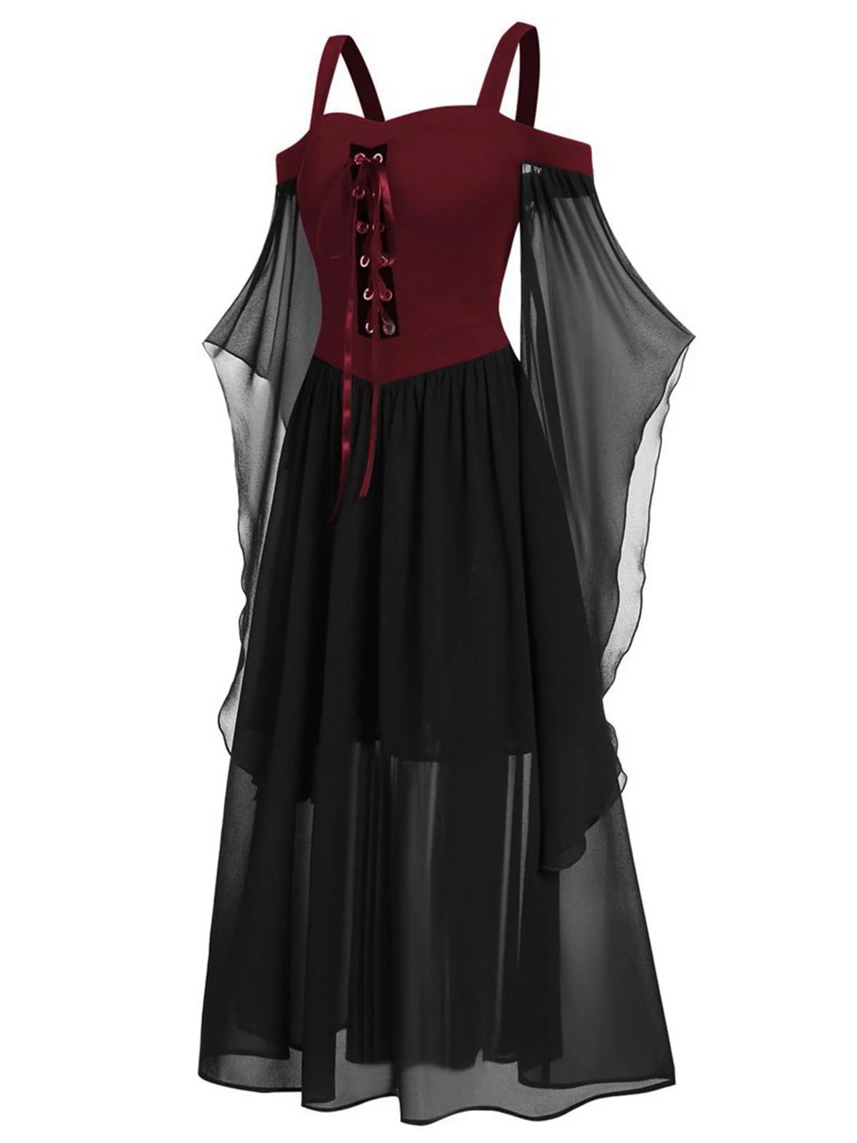 [Plus Size] 1950s Suspender Contrast Color Chiffon Strap Dress - Image 2