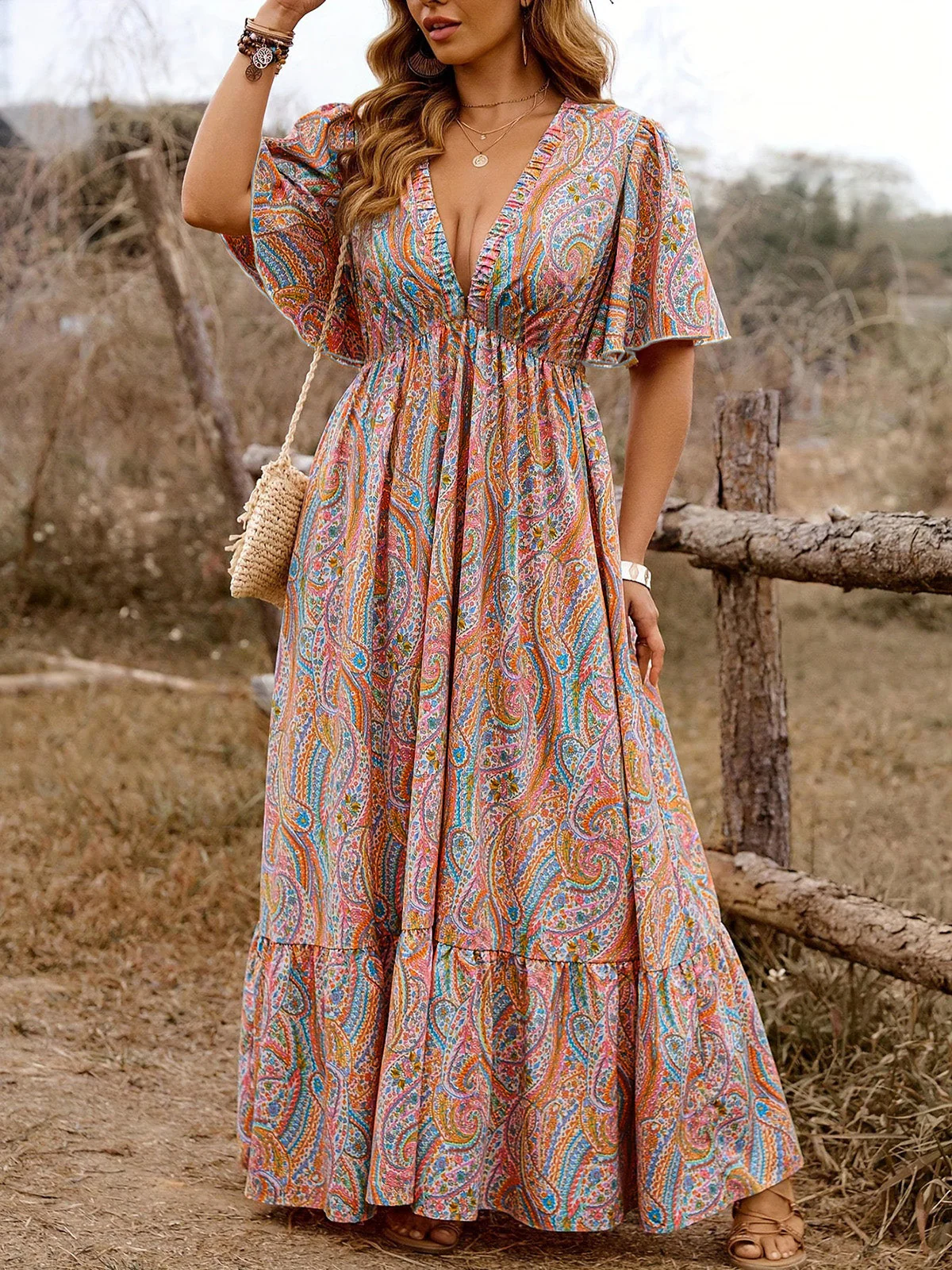 [Plus Size] 1970s Boho Paisley V-Neck Flutter Sleeve Maxi Dress