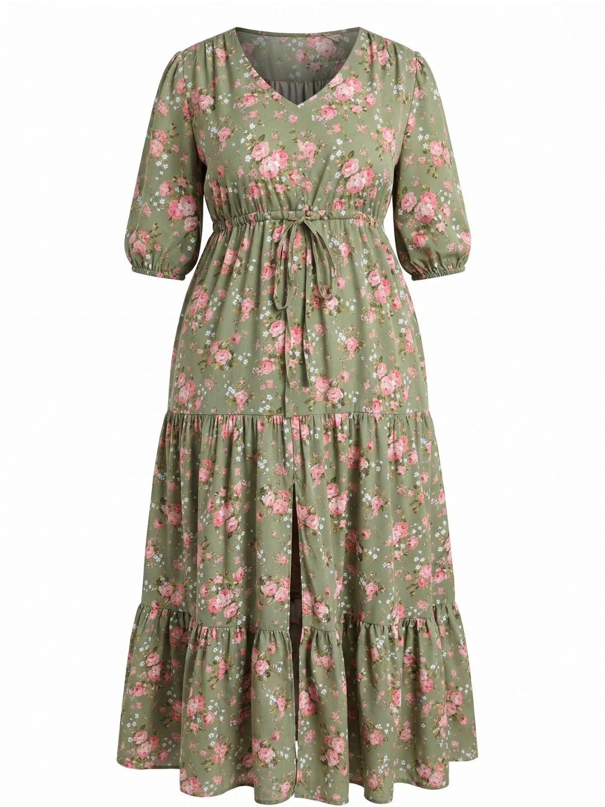 [Plus Size] 1970s Green Floral V-Neck Tiered Maxi Dress