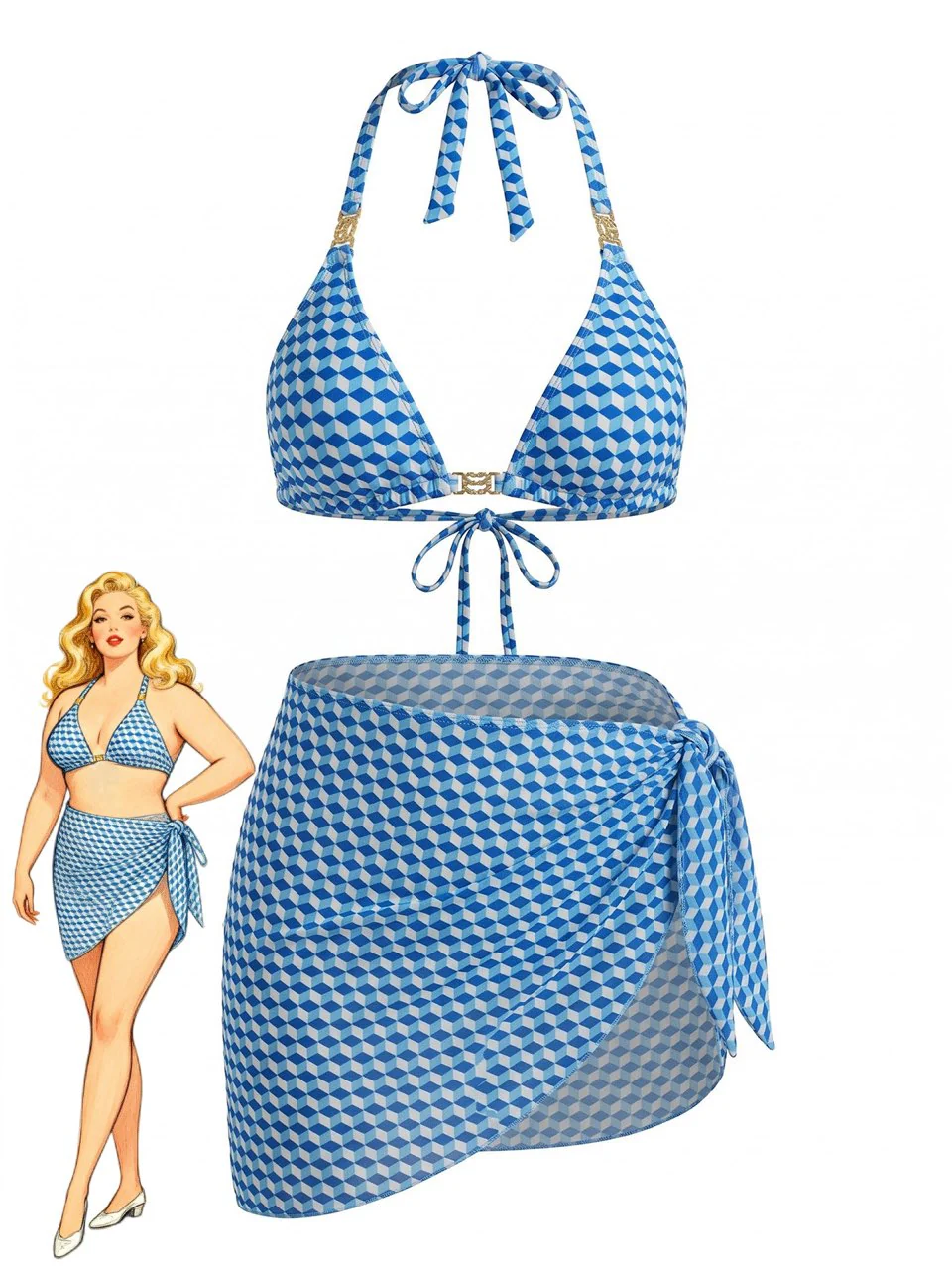 [Plus Size] 3PCS Blue 1970s Halter Geometric 3D-Cube Bikini Set & Cover Up