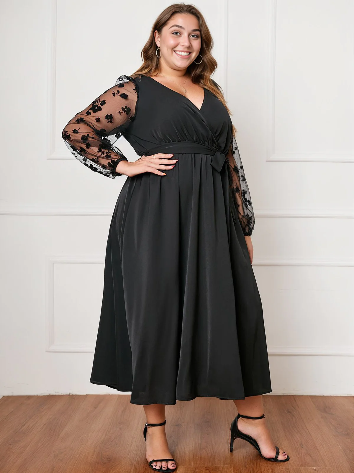 [Plus Size] Black 1950s Floral Mesh Sleeves Dress - Image 2
