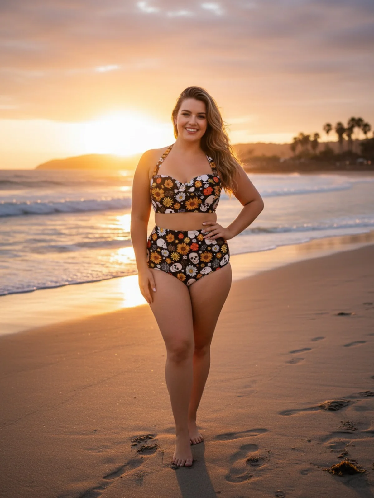 [Plus Size] Black 1950s Floral Print Lace-Up Halter Swimsuit