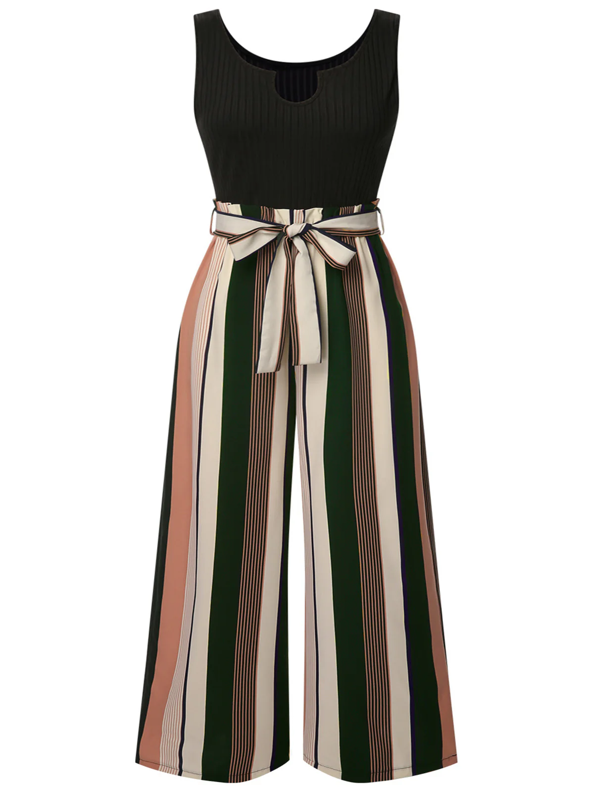 [Plus Size] Black 1950s Stripes Knitted Belted Jumpsuit