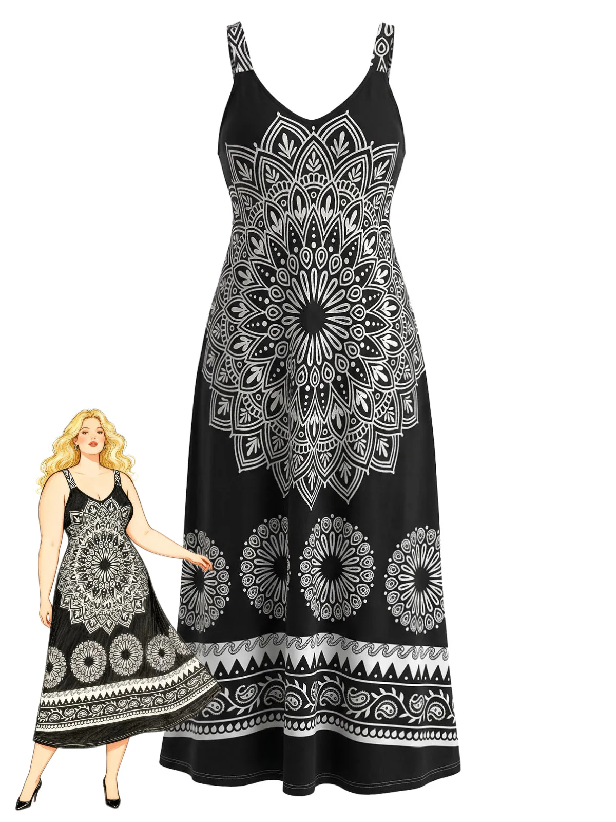 [Plus Size] Black 1970s V-Neck Strap Bohemian Dress