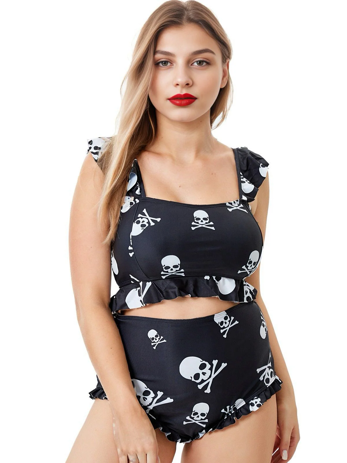 [Plus Size] Black 1980s Gothic Skull Print Ruffles Bikini Set - Image 2